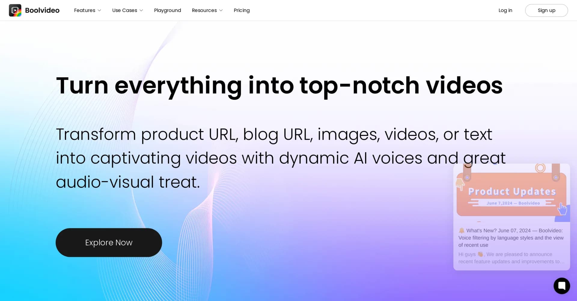 Boolvideo homepage screenshot — Generate stunning marketing videos in one click.