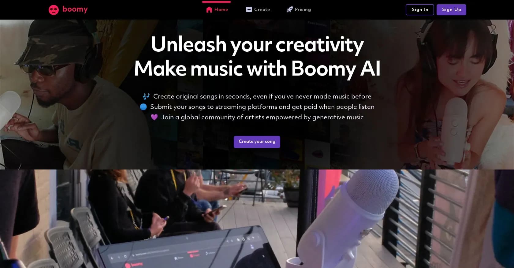 Boomy homepage screenshot — Create AI-generated music in seconds.