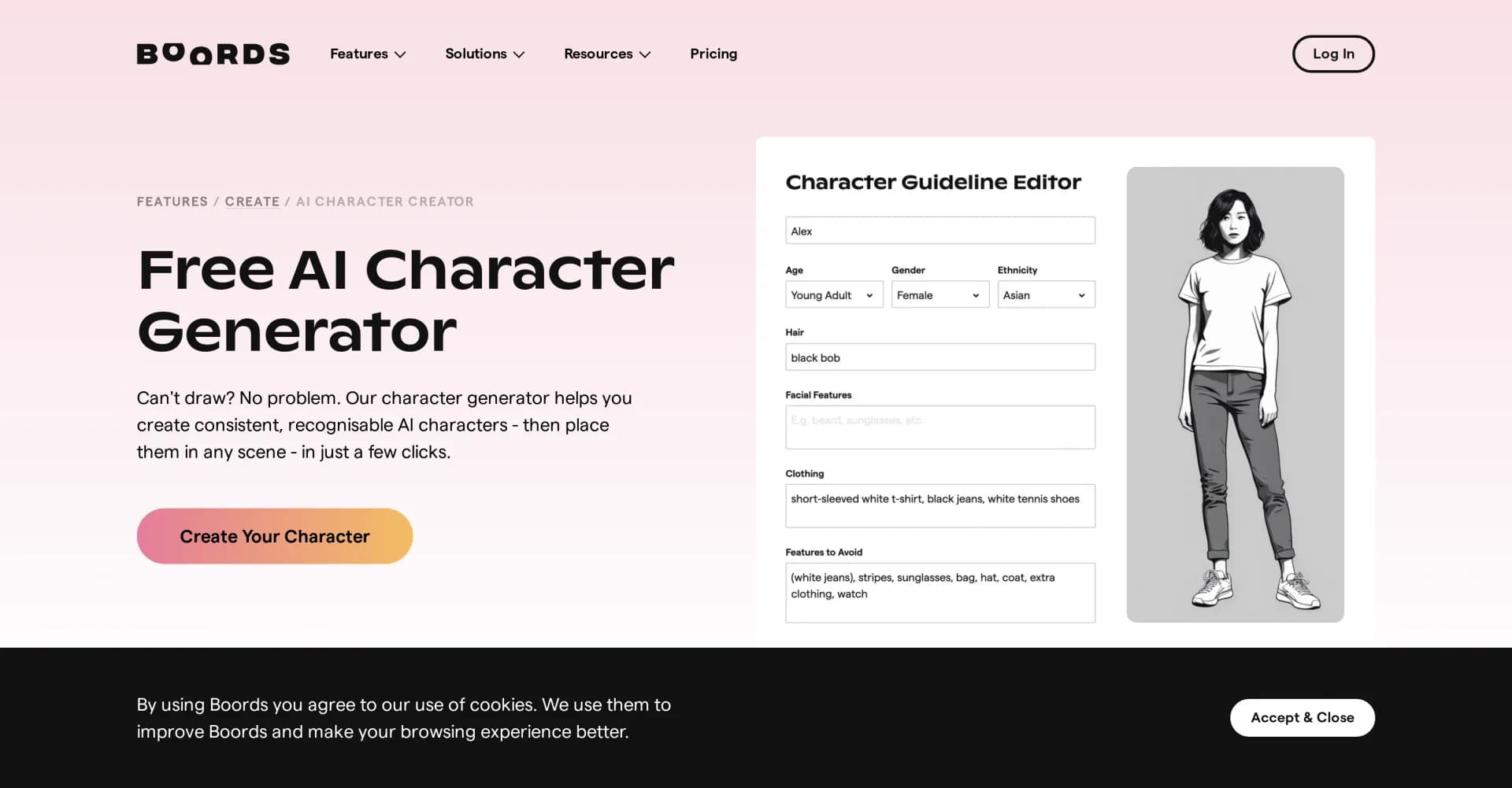 Boords - Character Generator homepage screenshot — Create AI characters easily, no drawing skills needed.