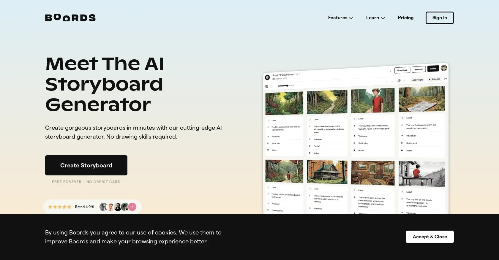 Boords homepage screenshot — Create gorgeous storyboards in minutes with AI