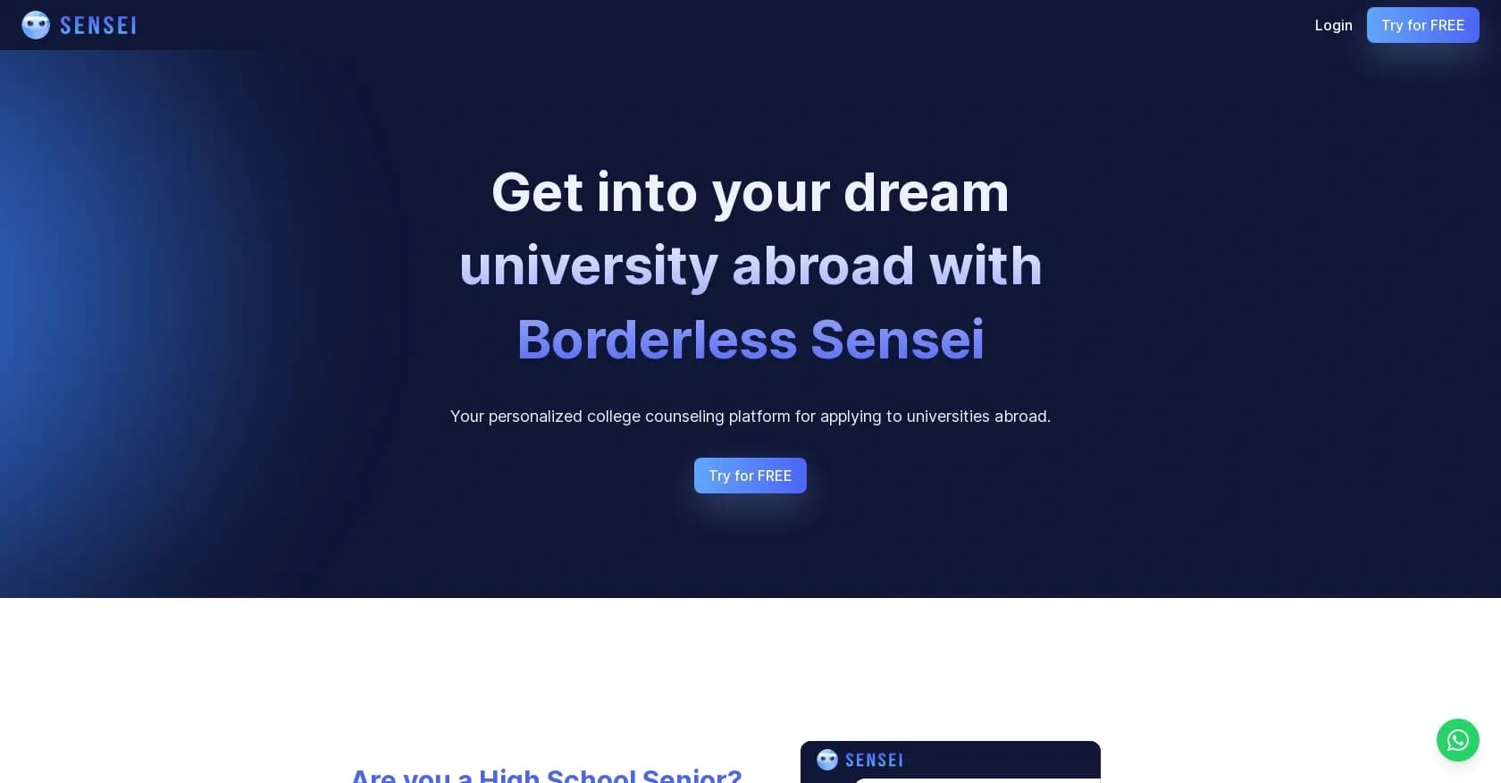 Borderless Sensei homepage screenshot — AI-powered college counseling for your dream university abro