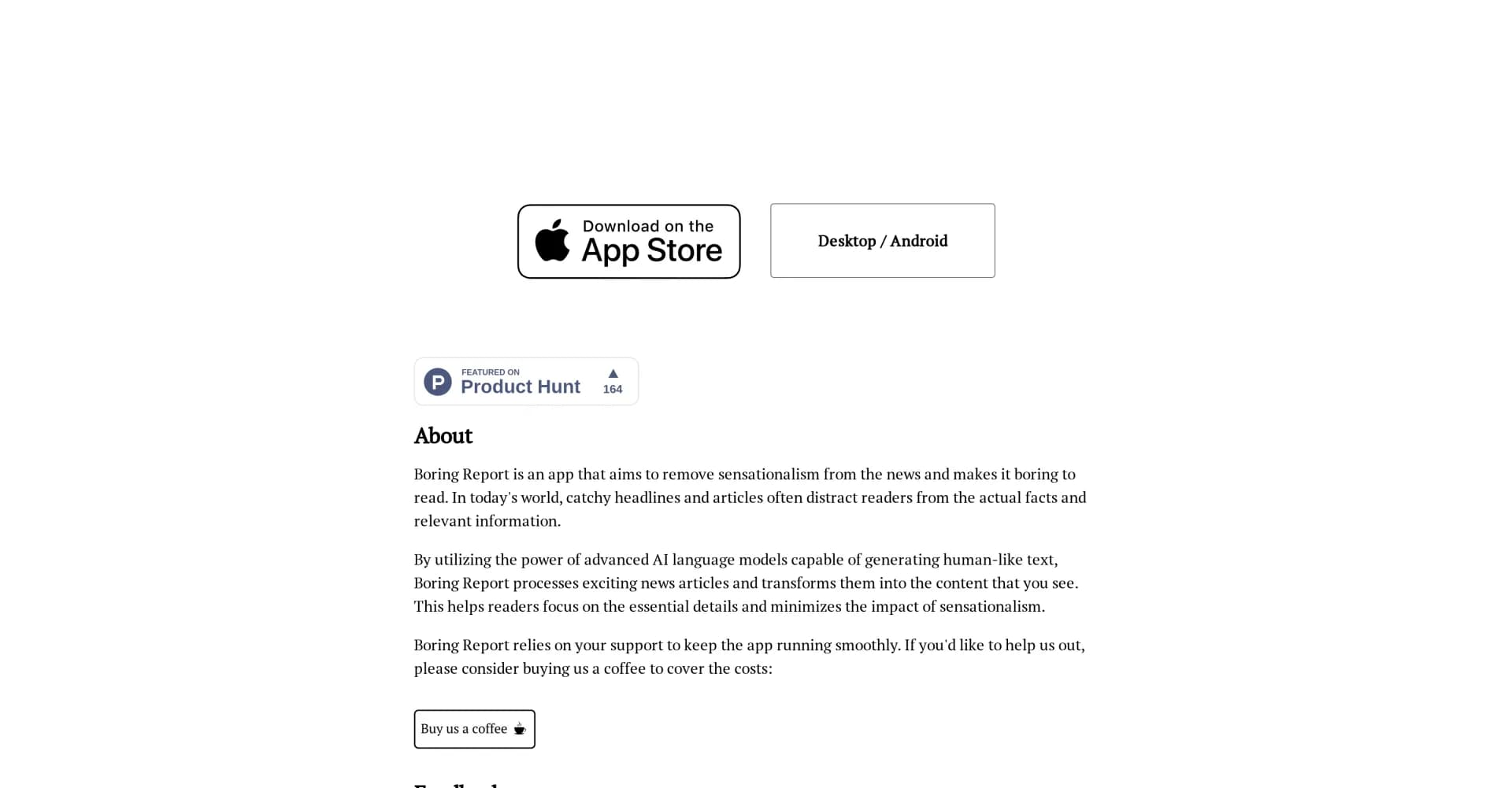 Boring Report homepage screenshot — AI-powered news: Information without noise