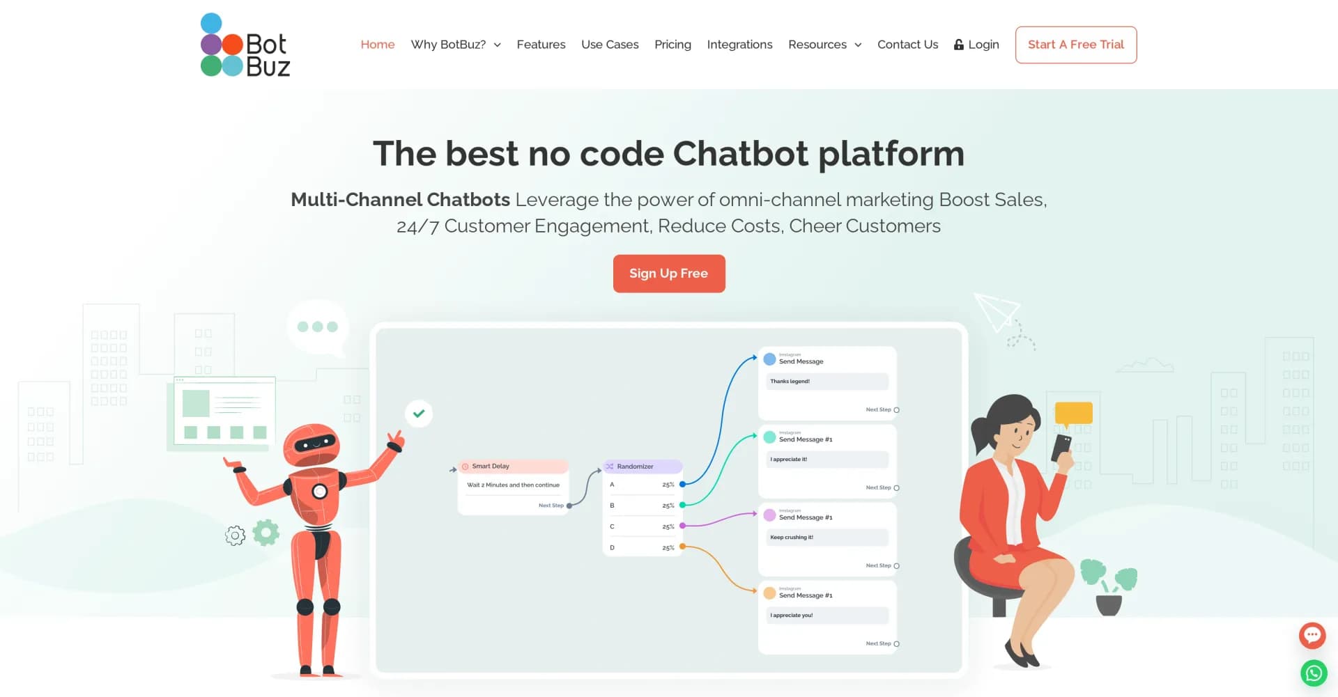 Botbuz homepage screenshot — Build no-code WhatsApp chatbots for 24/7 customer service.