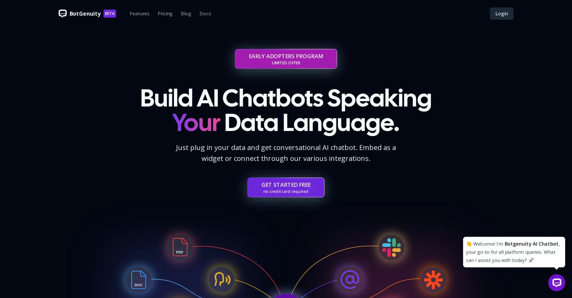 BotGenuity homepage screenshot — Build AI chatbots that speak your data's language.
