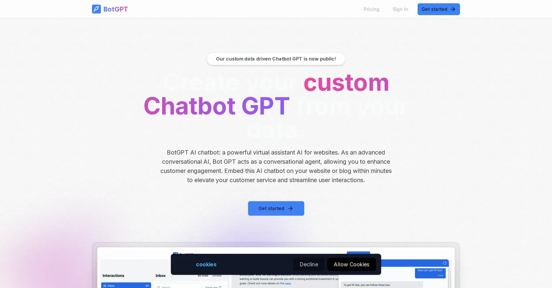 BotGPT homepage screenshot — Create custom AI chatbots trained on your data.