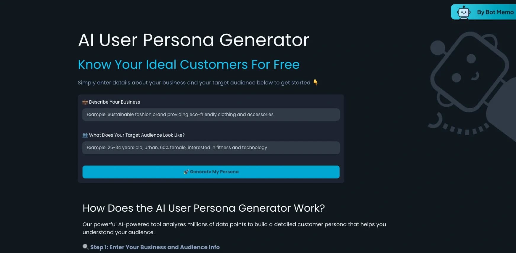 AI User Persona Generator by Bot Memo homepage screenshot — Generate AI customer personas instantly