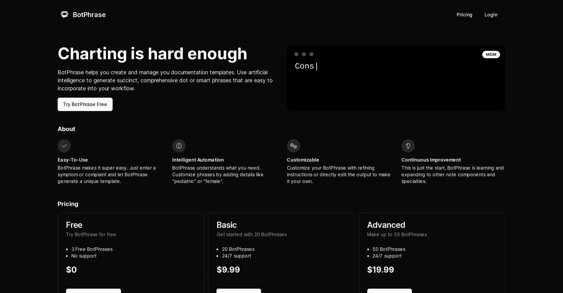 BotPhrase homepage screenshot — AI-powered dot phrases for faster, better EHR documentation.