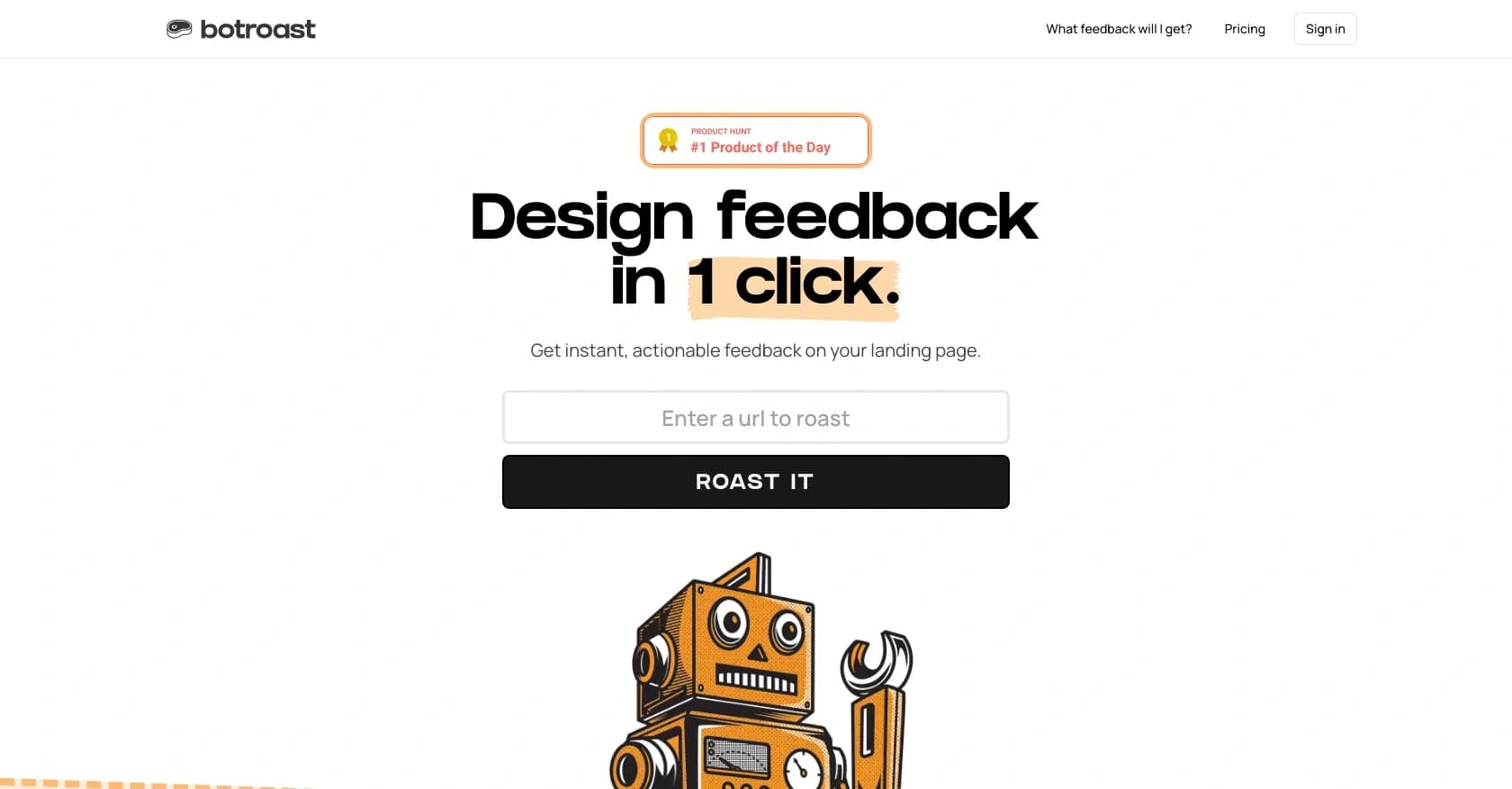 Botroast homepage screenshot — Design feedback in 1 click.