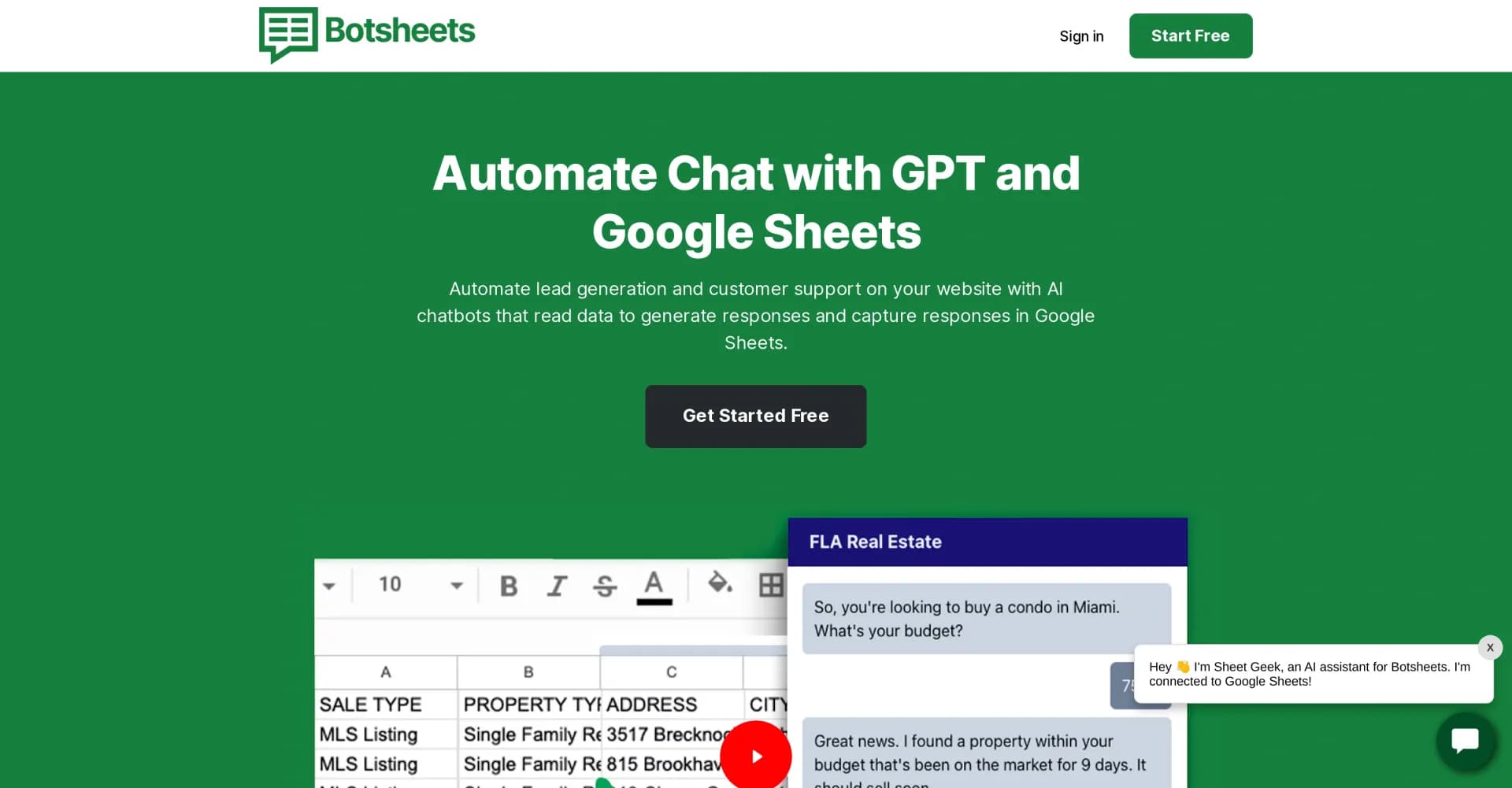 Botsheets homepage screenshot — Automate chatbots with AI and Google Sheets