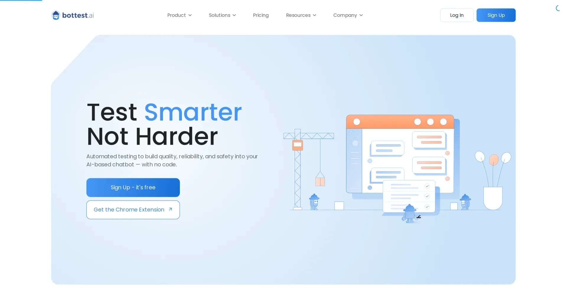 bottest.ai homepage screenshot — Automated QA testing for AI chatbots, no code required.