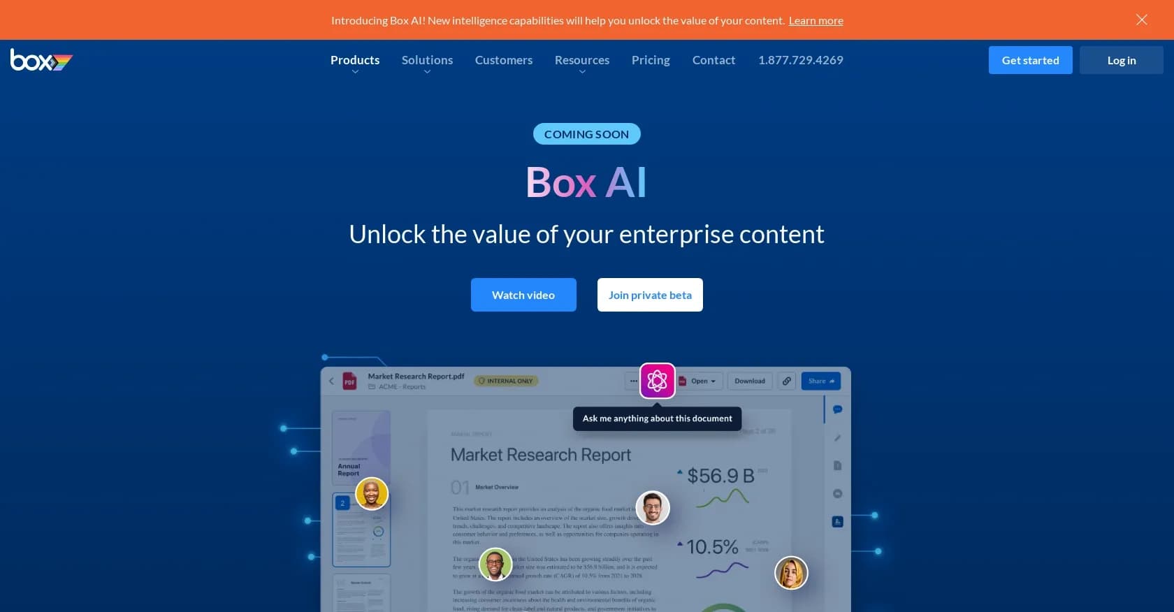 Box AI homepage screenshot — Unlock enterprise content value with secure AI.
