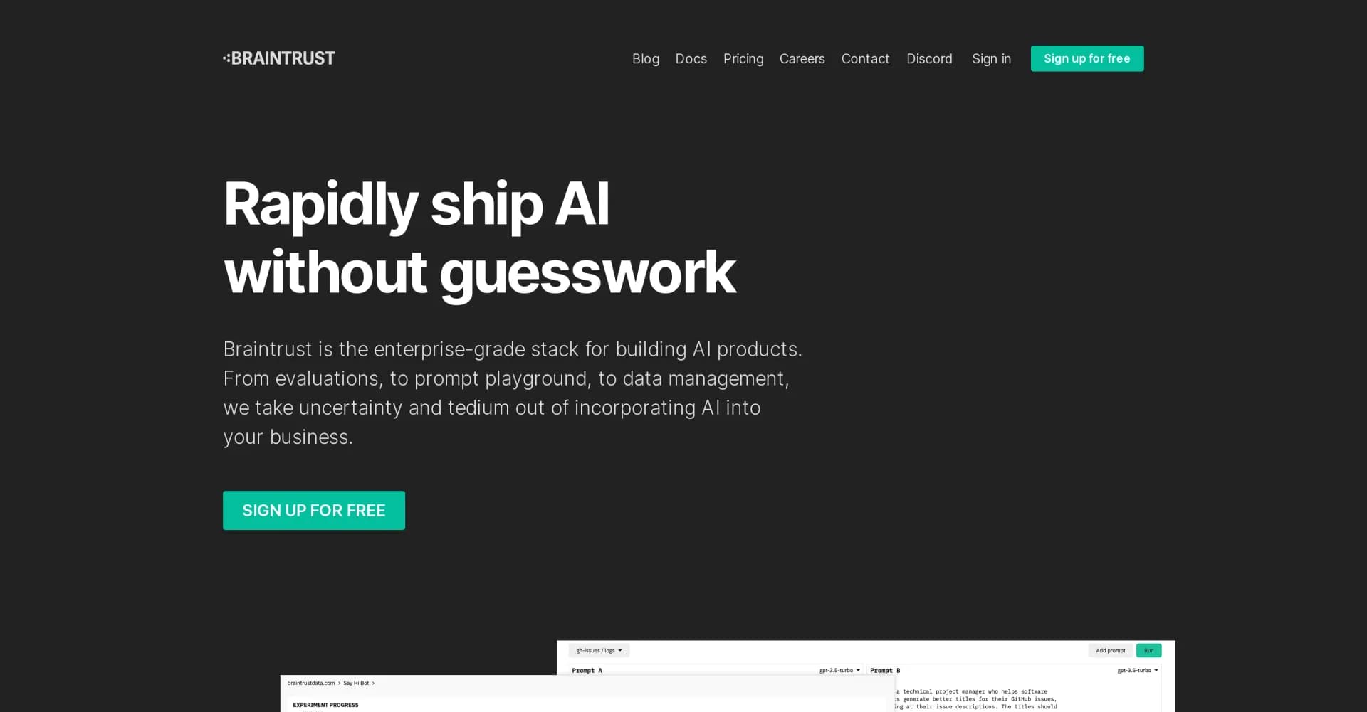 BraintrustData homepage screenshot — Rapidly ship AI without guesswork.