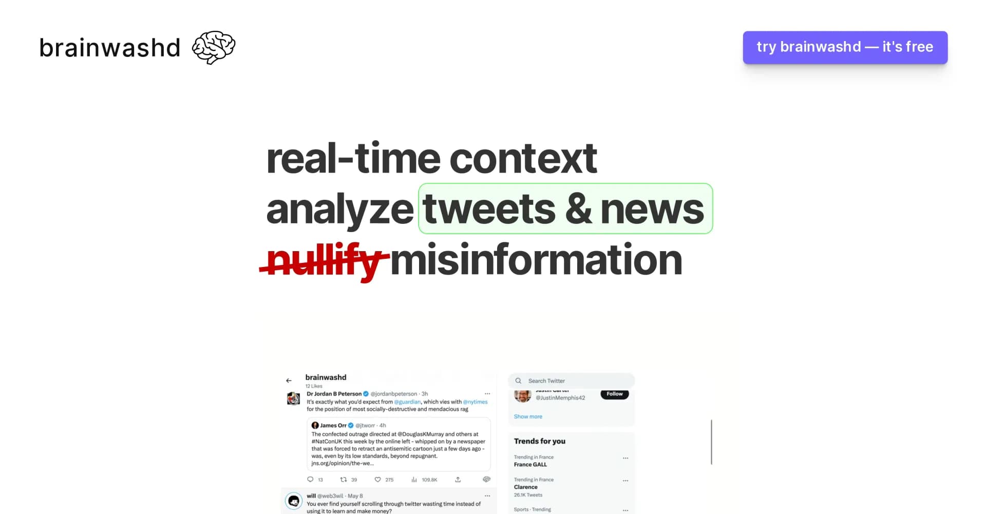 Brainwashd homepage screenshot — Instant insights to combat misinformation on tweets and news