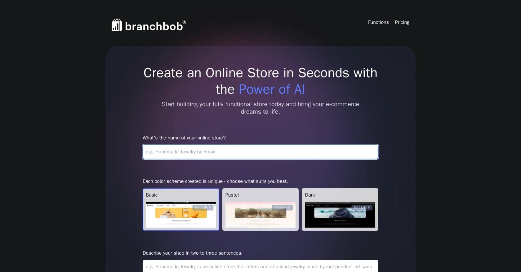Branchbob homepage screenshot — AI-powered store builder: From concept to e-commerce in seco