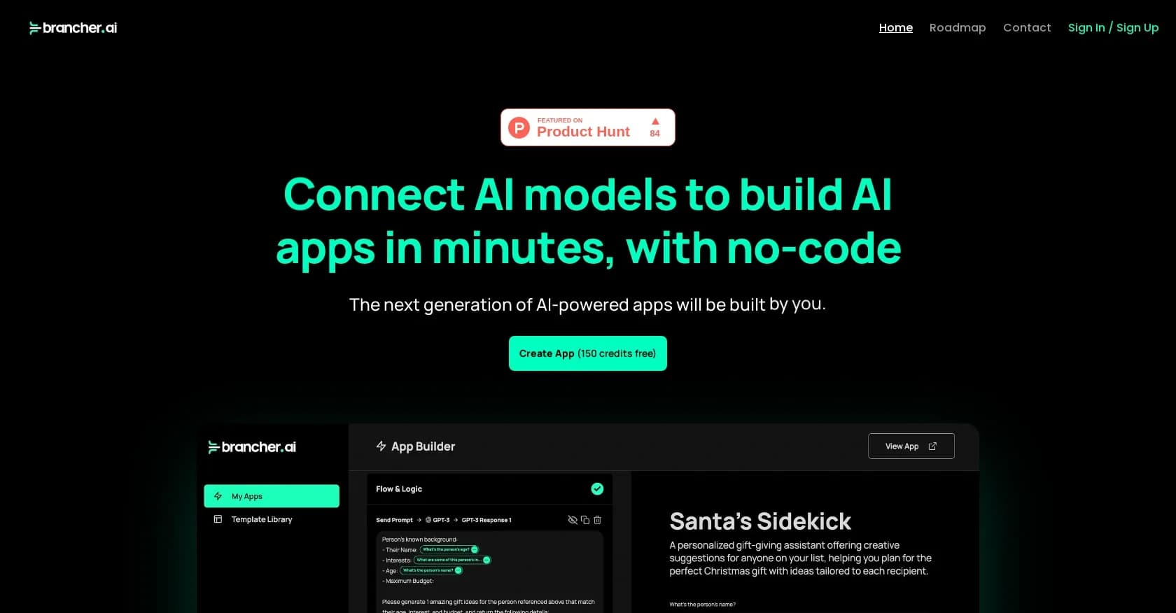 Brancher homepage screenshot — Build AI apps in minutes, no coding required.