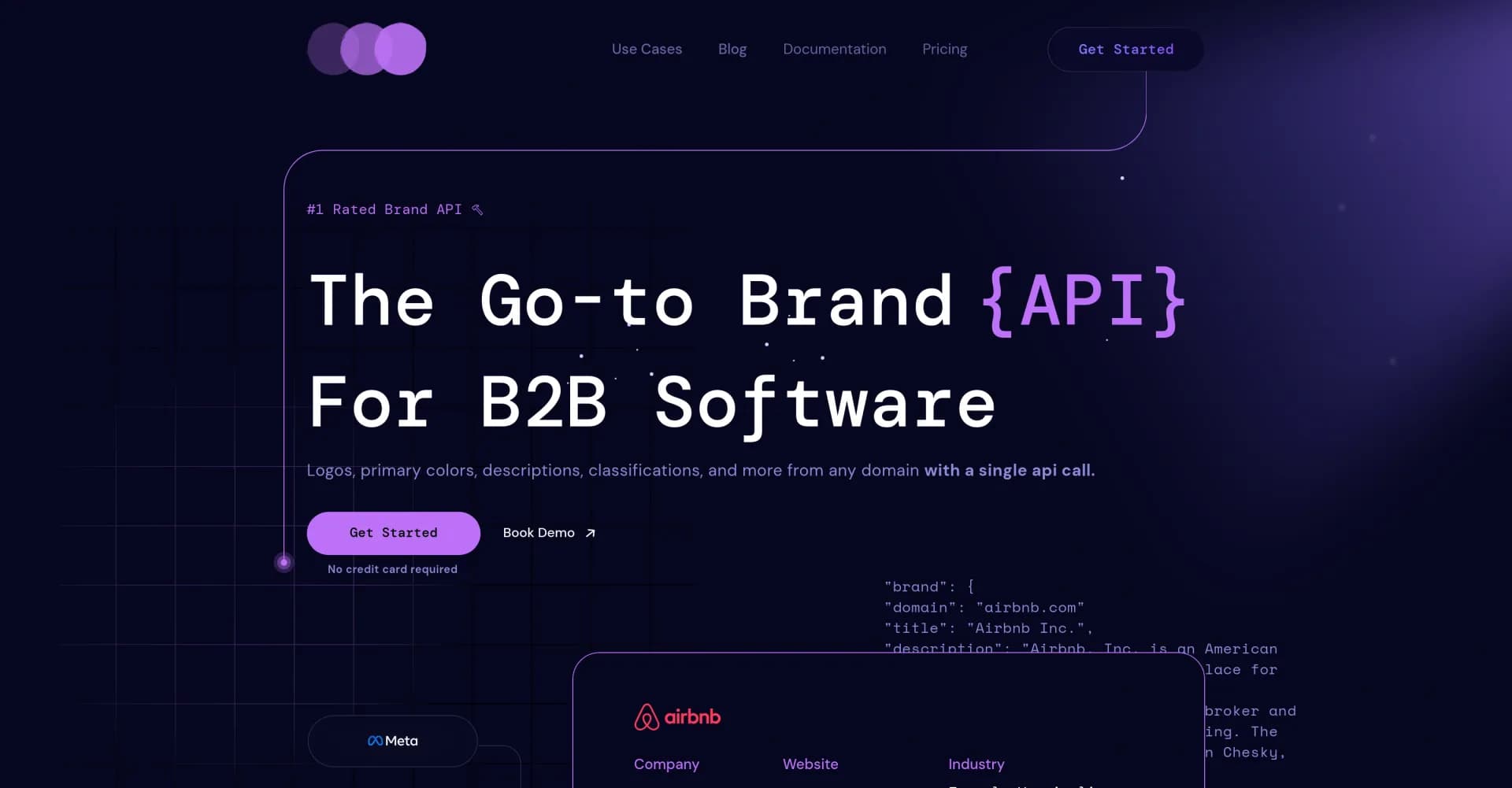 Brand.dev homepage screenshot — Get brand assets from any domain via API in seconds
