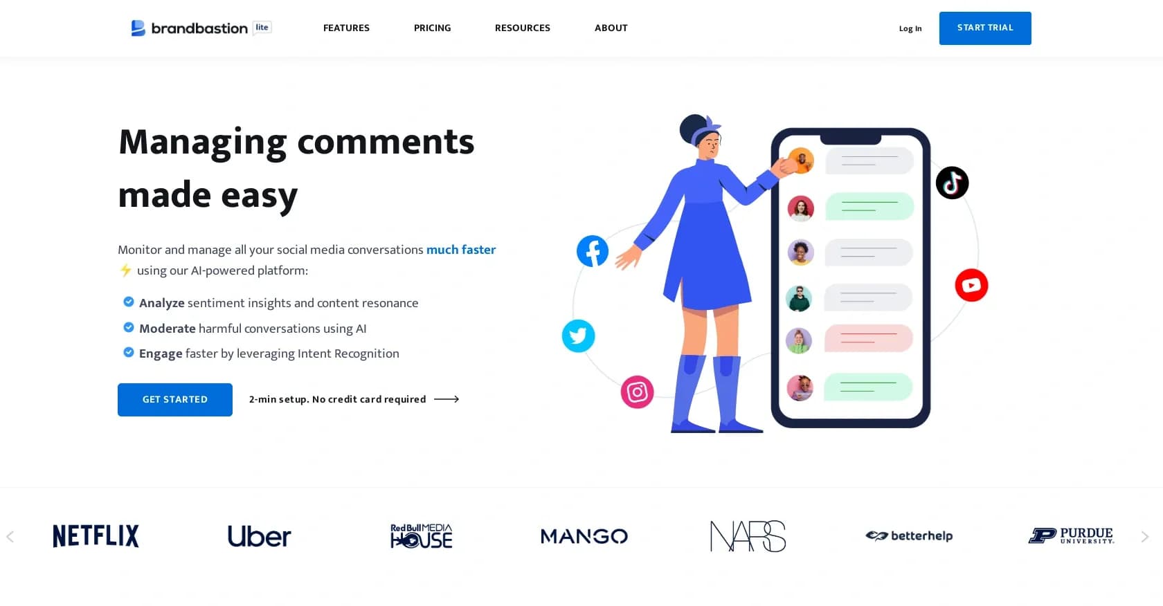 BrandBastion homepage screenshot — AI-powered social engagement in one place.