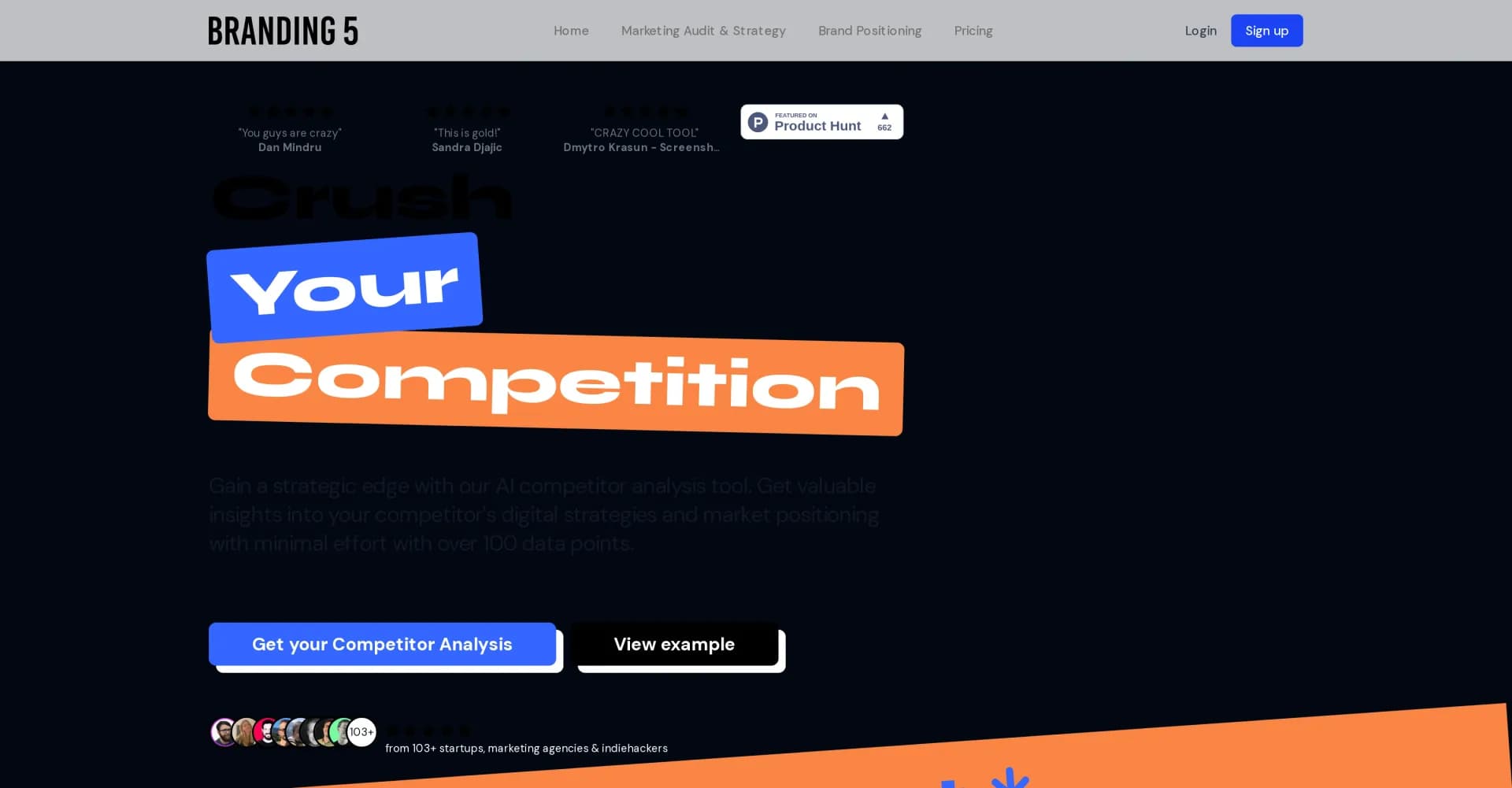 Branding 5 homepage screenshot — AI competitor analysis for strategic edge