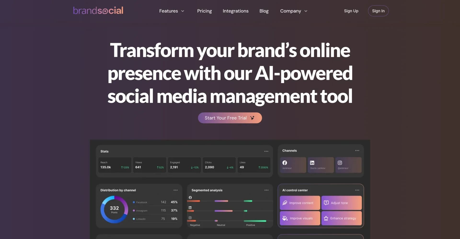 BrandSocial homepage screenshot — AI-powered social media management for effortless brand grow