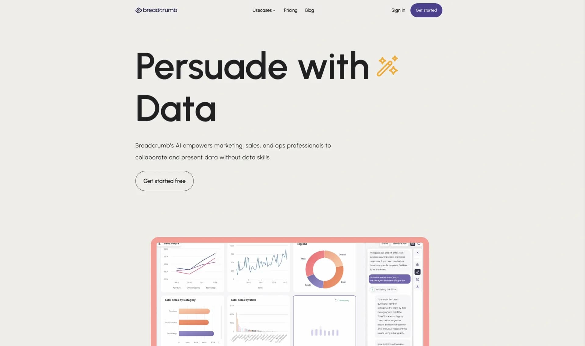 Breadcrumbv1.8.3 homepage screenshot — Automate data work and reporting with AI Agents. No data|cod