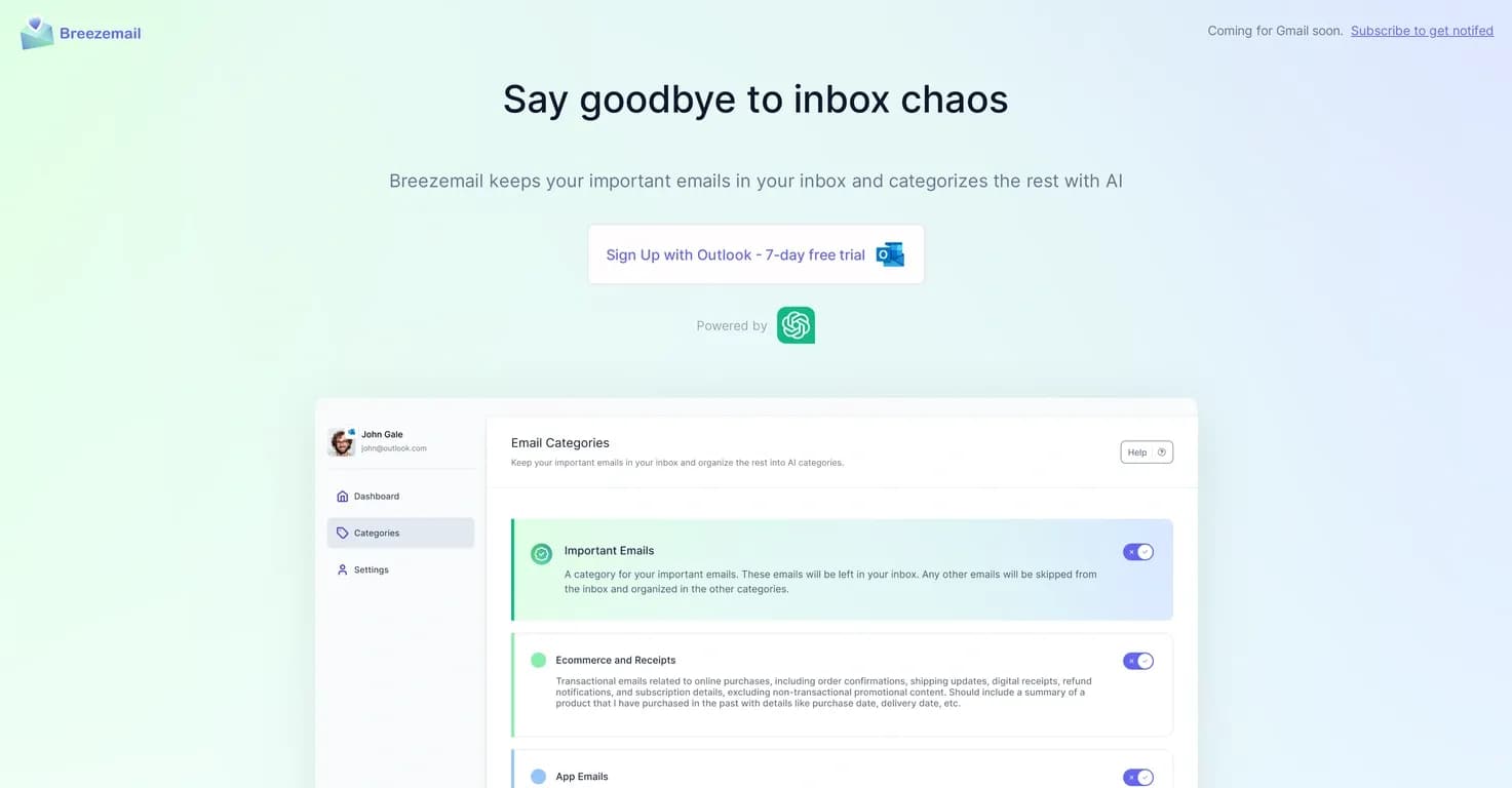 Breezemailv2 homepage screenshot — Organize your inbox with AI categories