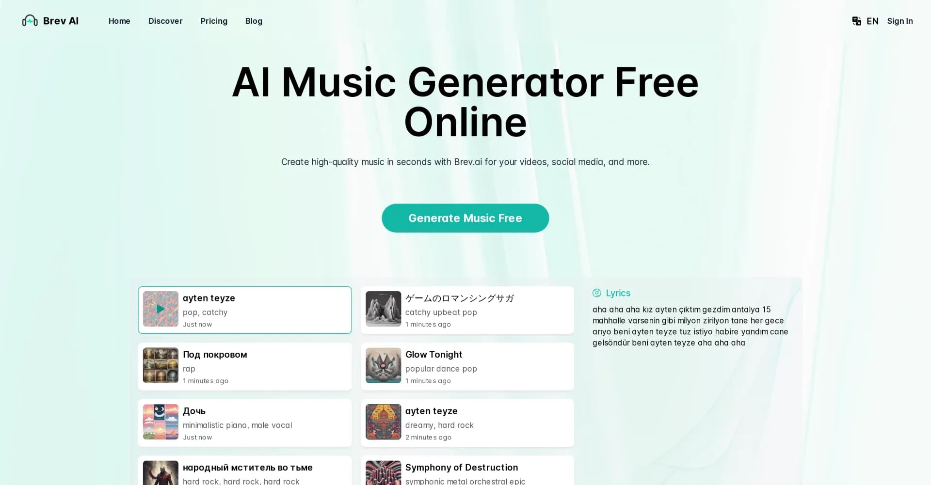Brev AI homepage screenshot — Create high-quality music in seconds with AI.