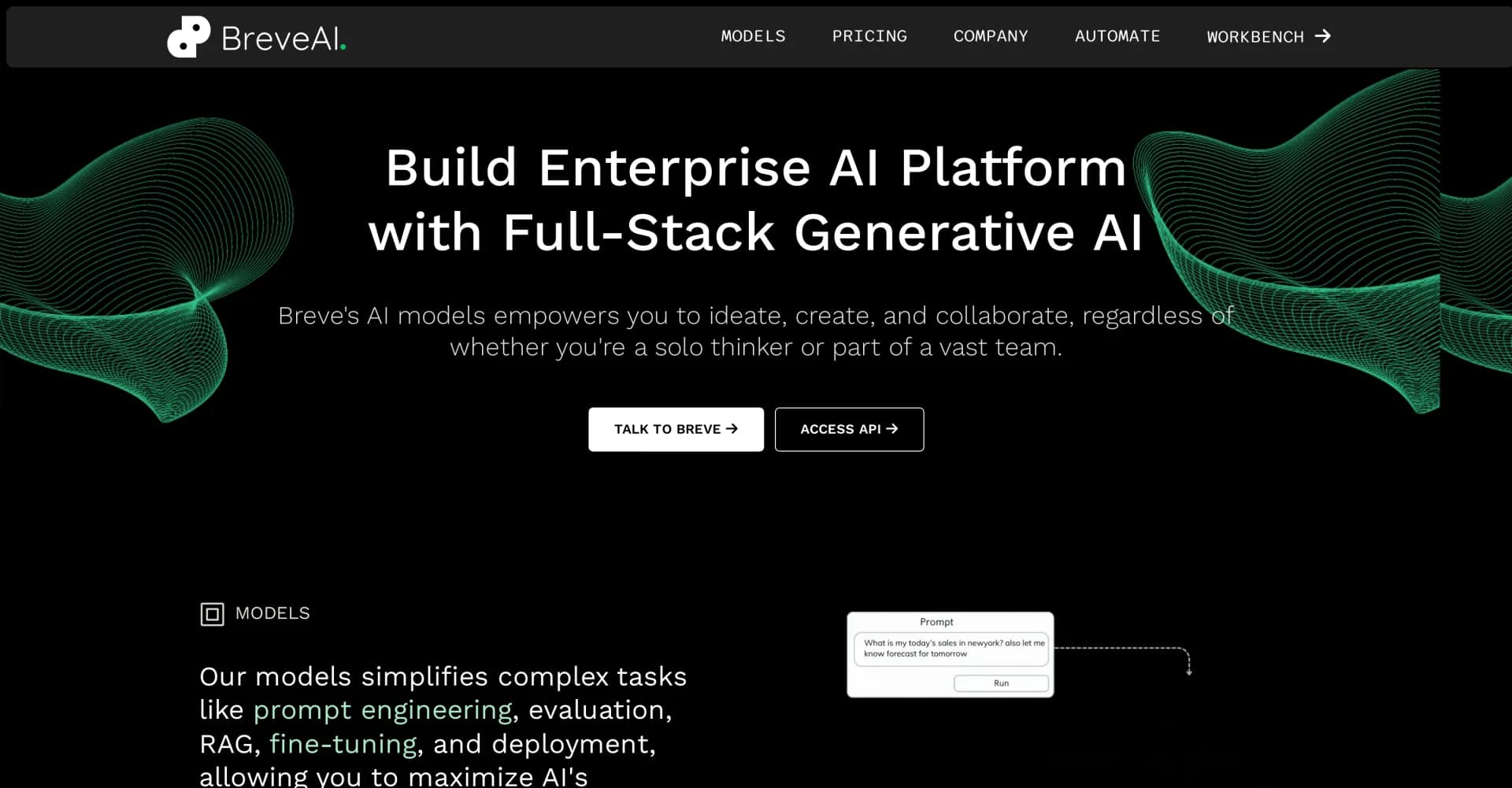 Breve AI homepage screenshot — Empower enterprise AI with full-stack generative models