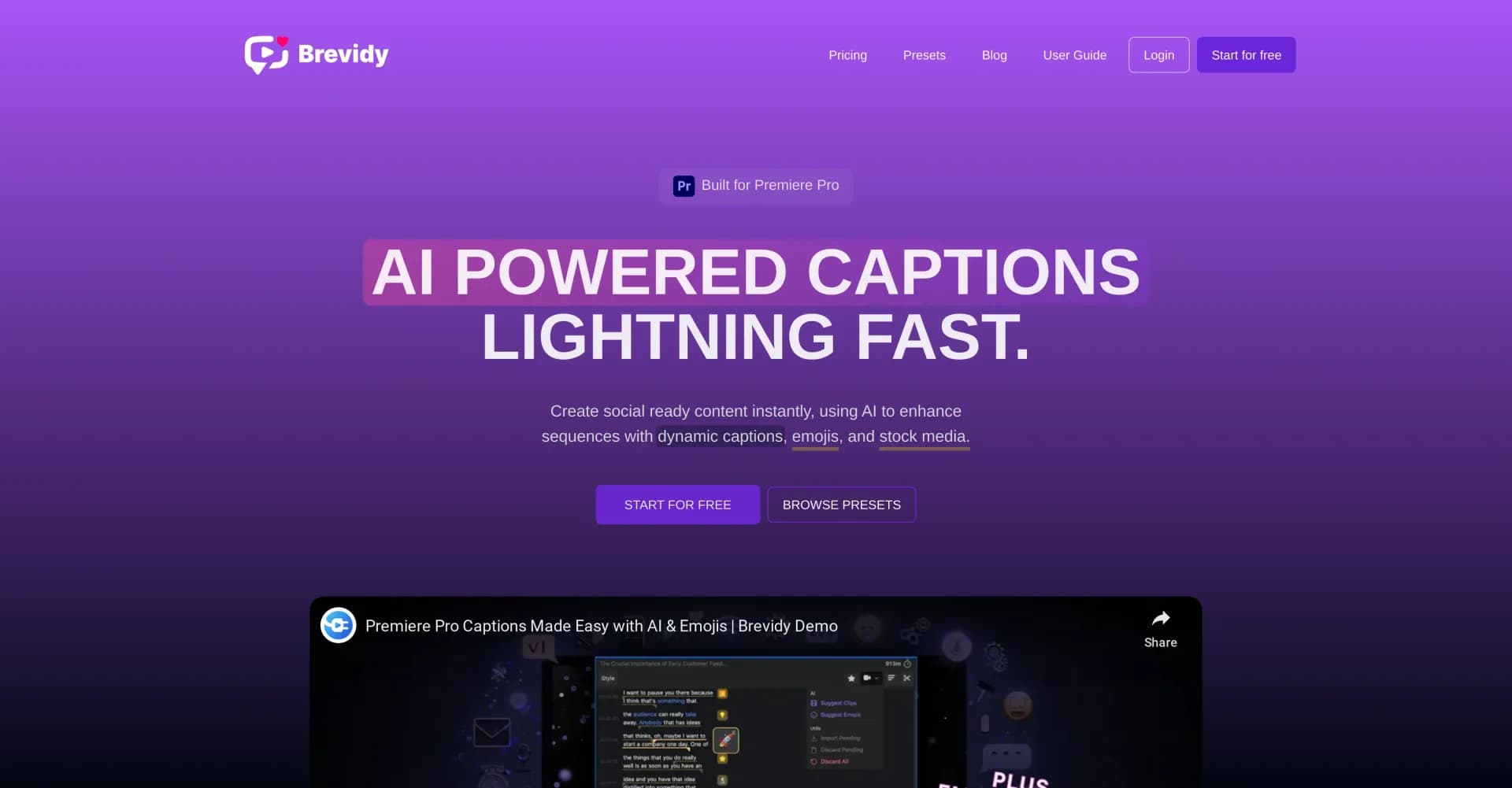 Brevidy homepage screenshot — Your AI copilot for Premiere Pro.