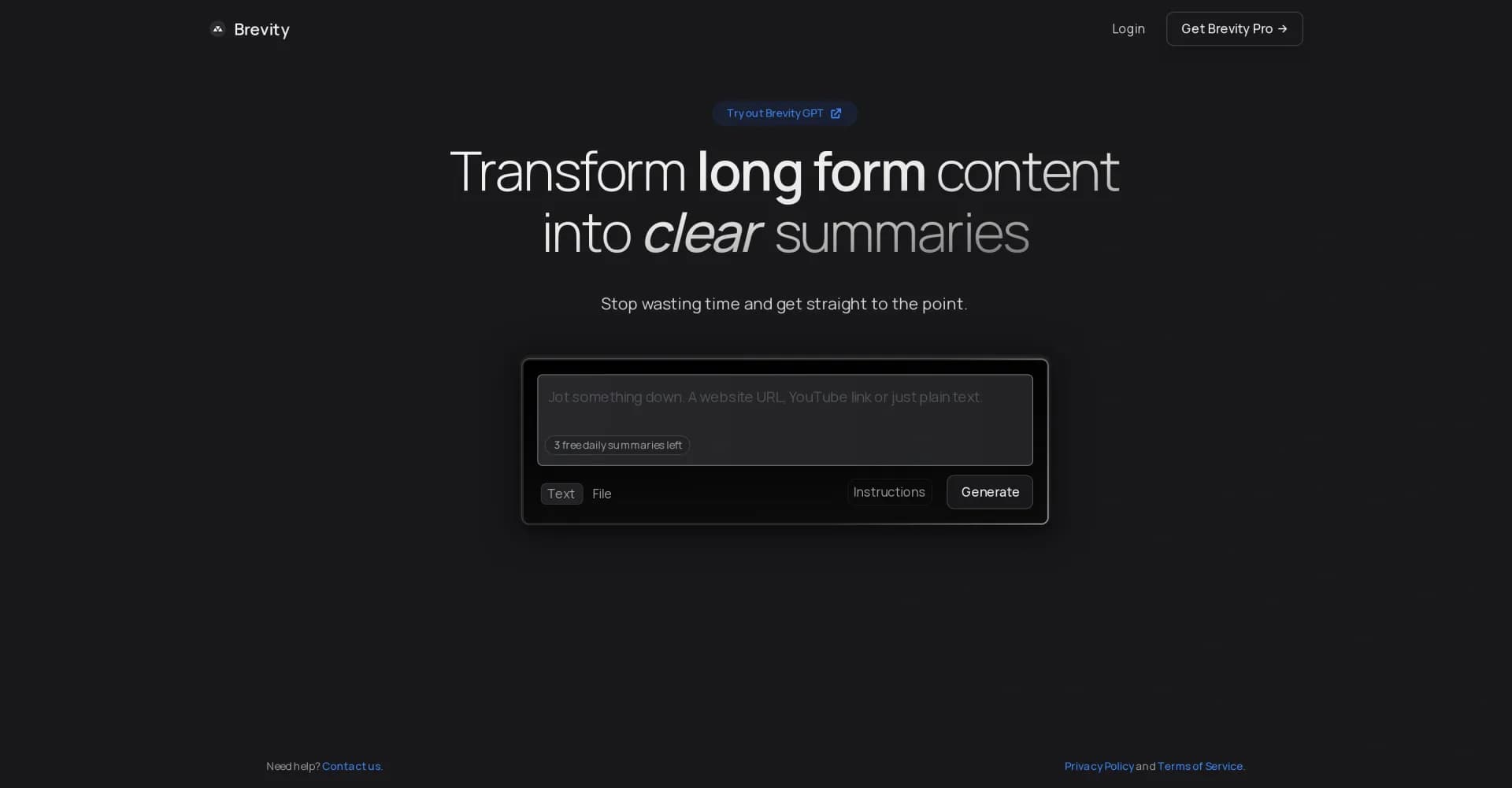 Brevity homepage screenshot — Transform long content into clear, concise summaries.