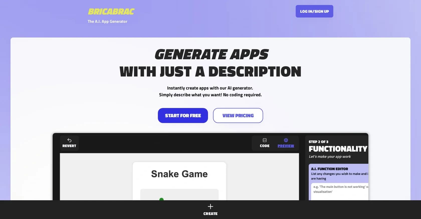 Bricabrac homepage screenshot — Generate web apps from text descriptions, no coding required