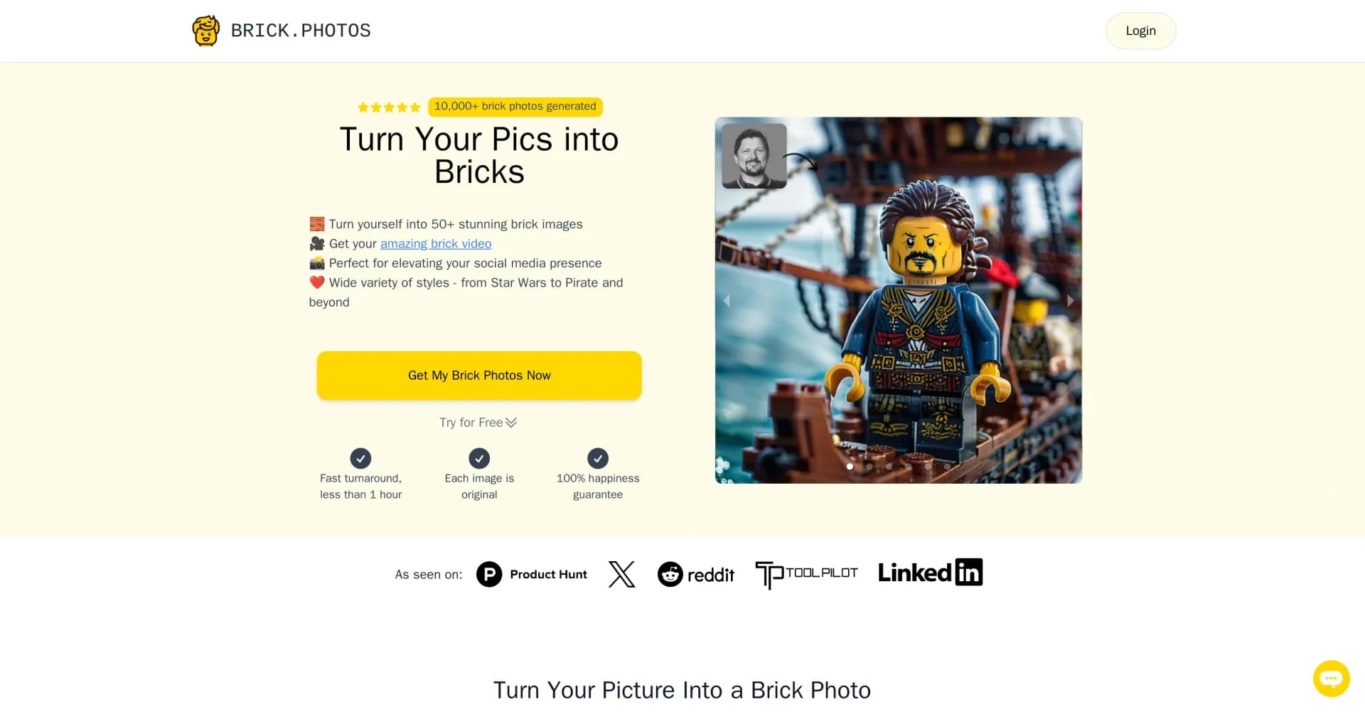 Brick.Photos homepage screenshot — Transform selfies into brick figure masterpieces.