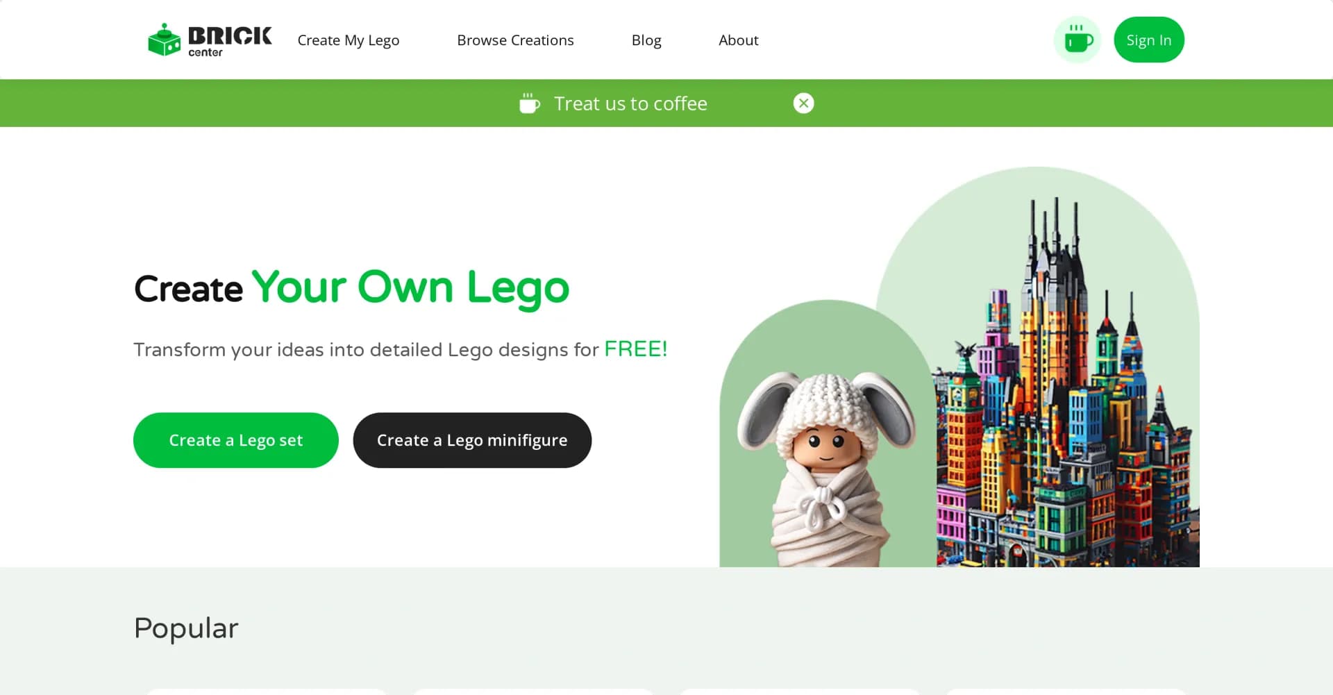 BrickCenter homepage screenshot — Transform your ideas into custom Lego designs.