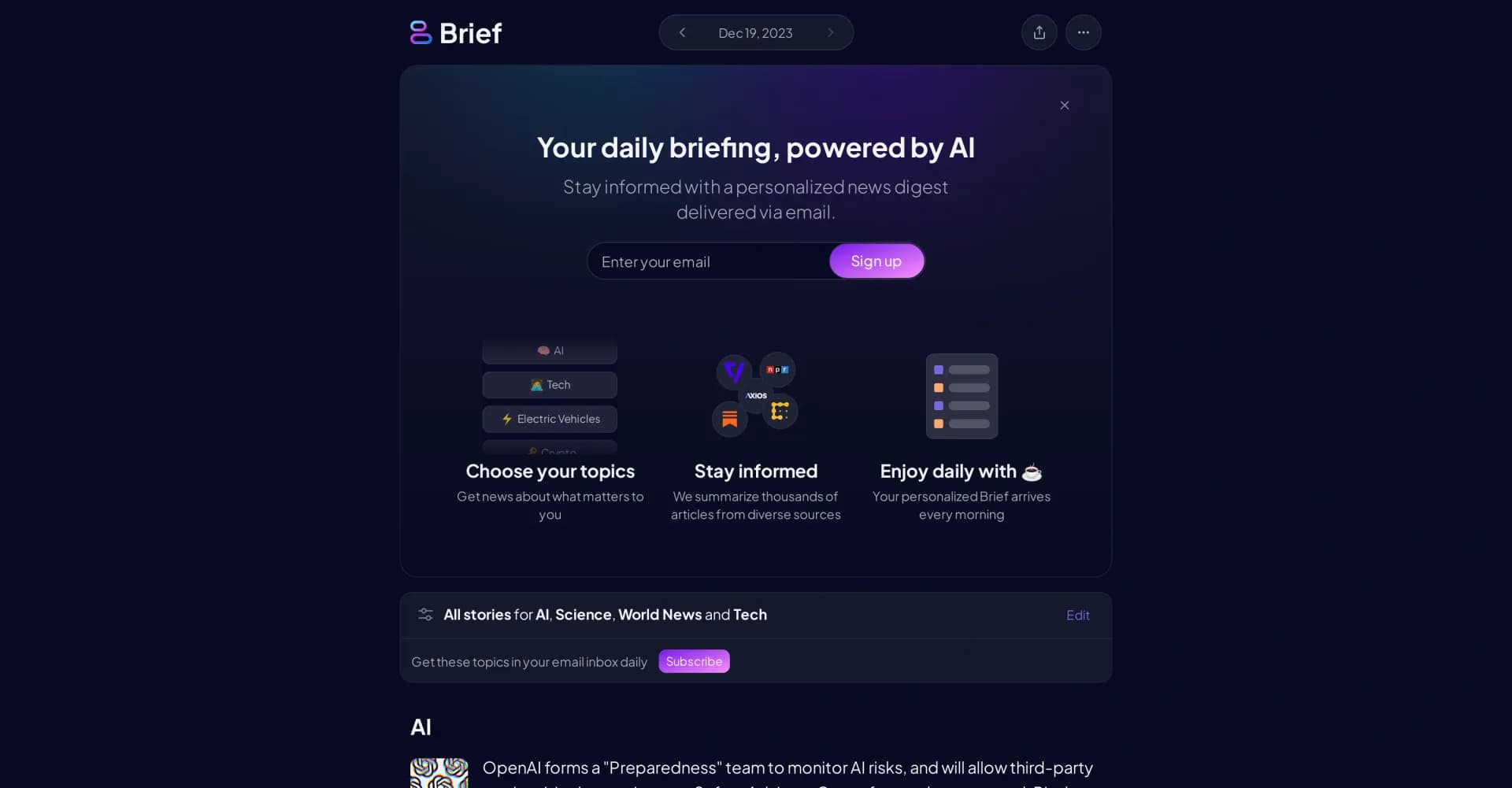 Brief News homepage screenshot — Personalized AI-powered news digest delivered daily.