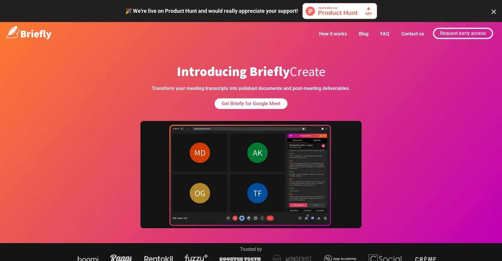 Briefly AI homepage screenshot — AI takes meeting notes, generates summaries and follow-ups.