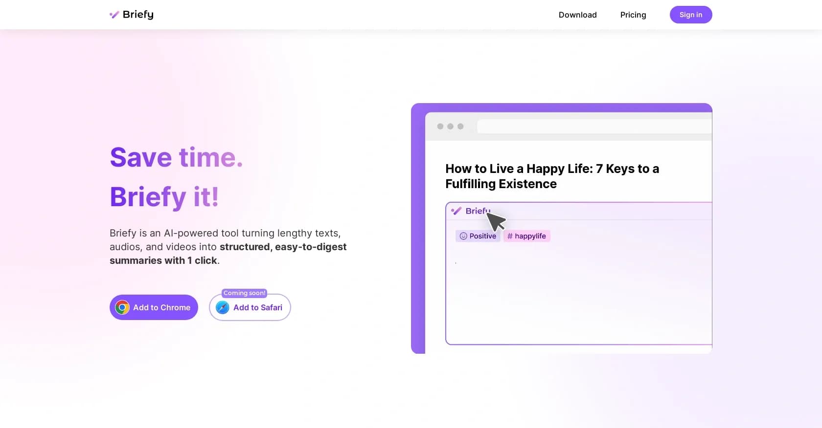 BriefyAI homepage screenshot — Turn lengthy content into digestible summaries instantly.