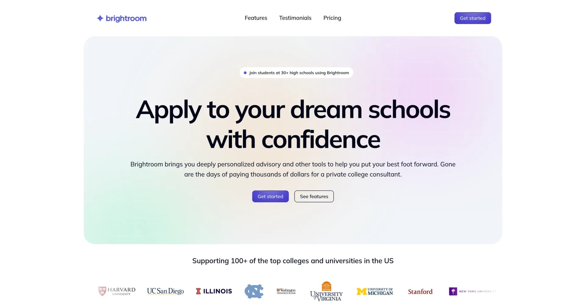 Brightroom AI homepage screenshot — AI-powered college consulting for every student