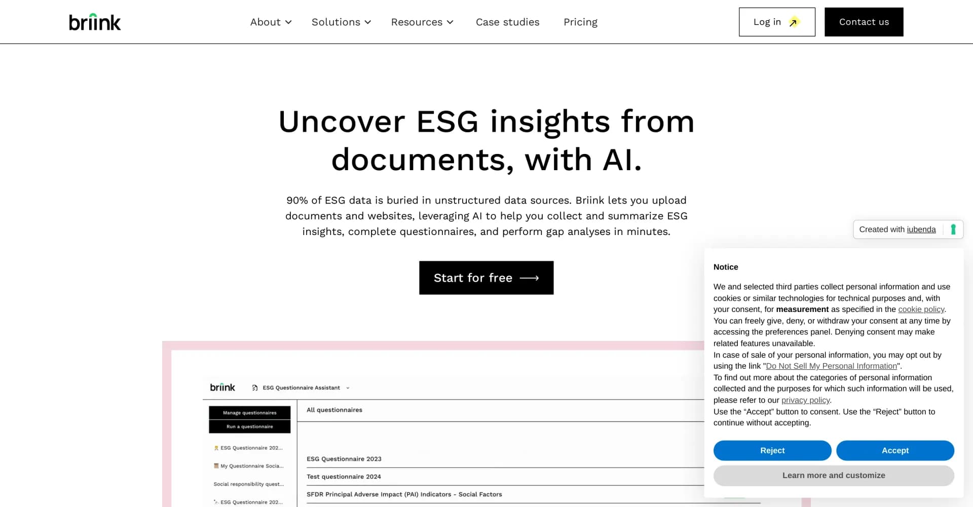 Briink homepage screenshot — AI-powered ESG data extraction and analysis
