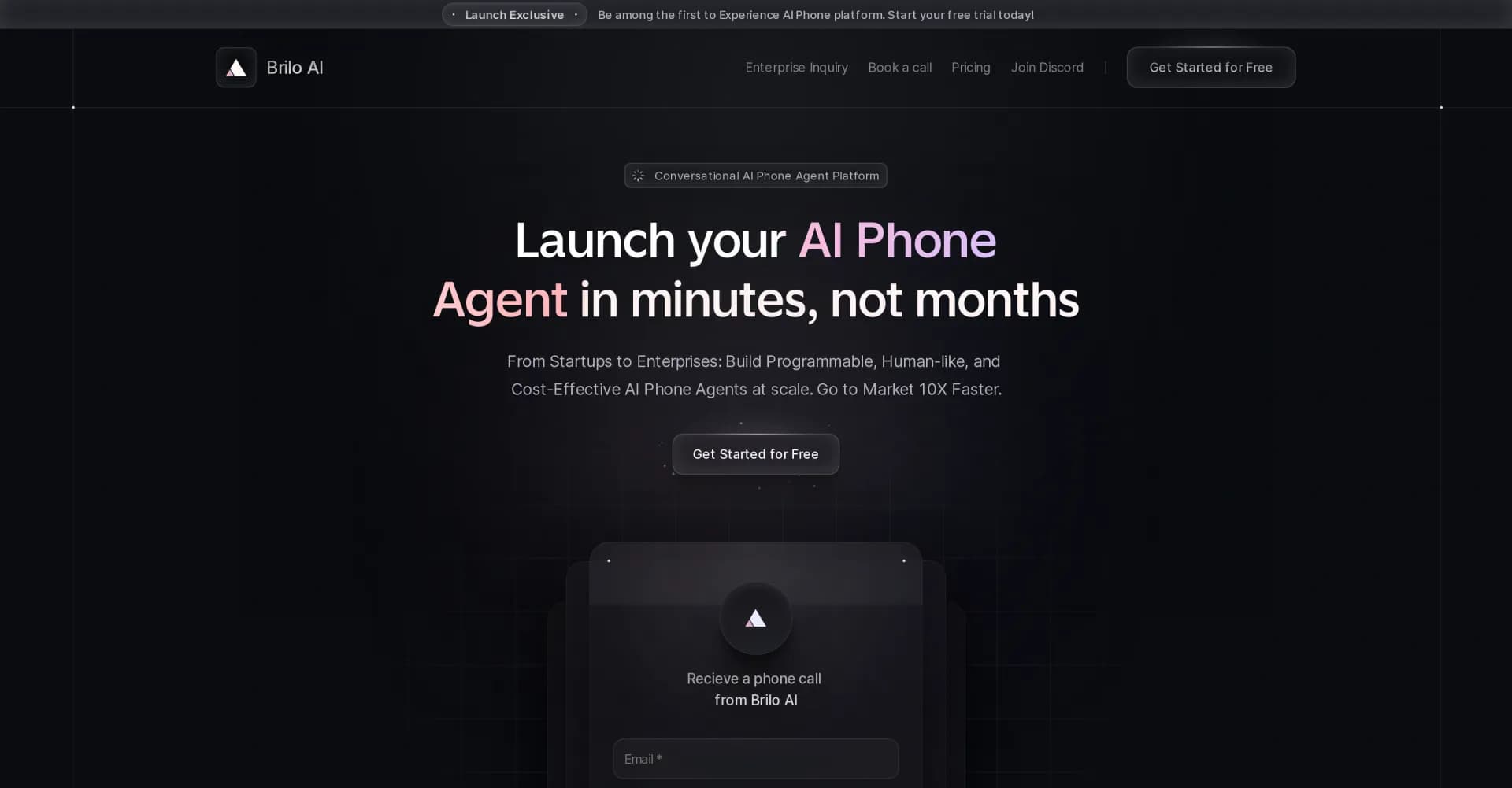 Brilo AI homepage screenshot — AI phone agents for seamless call center operations