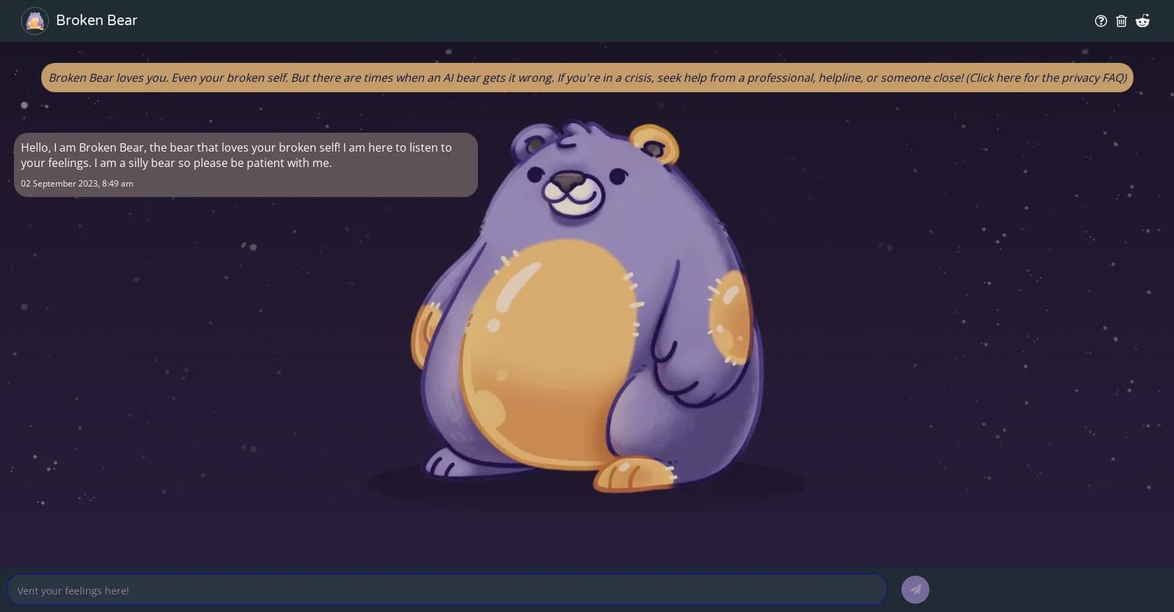 Broken Bear homepage screenshot — AI chatbot that loves your broken self.