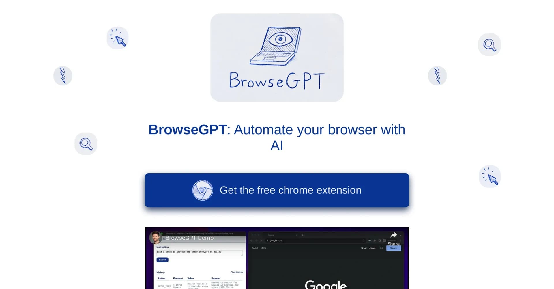 BrowseGPT homepage screenshot — Automate your browser with AI
