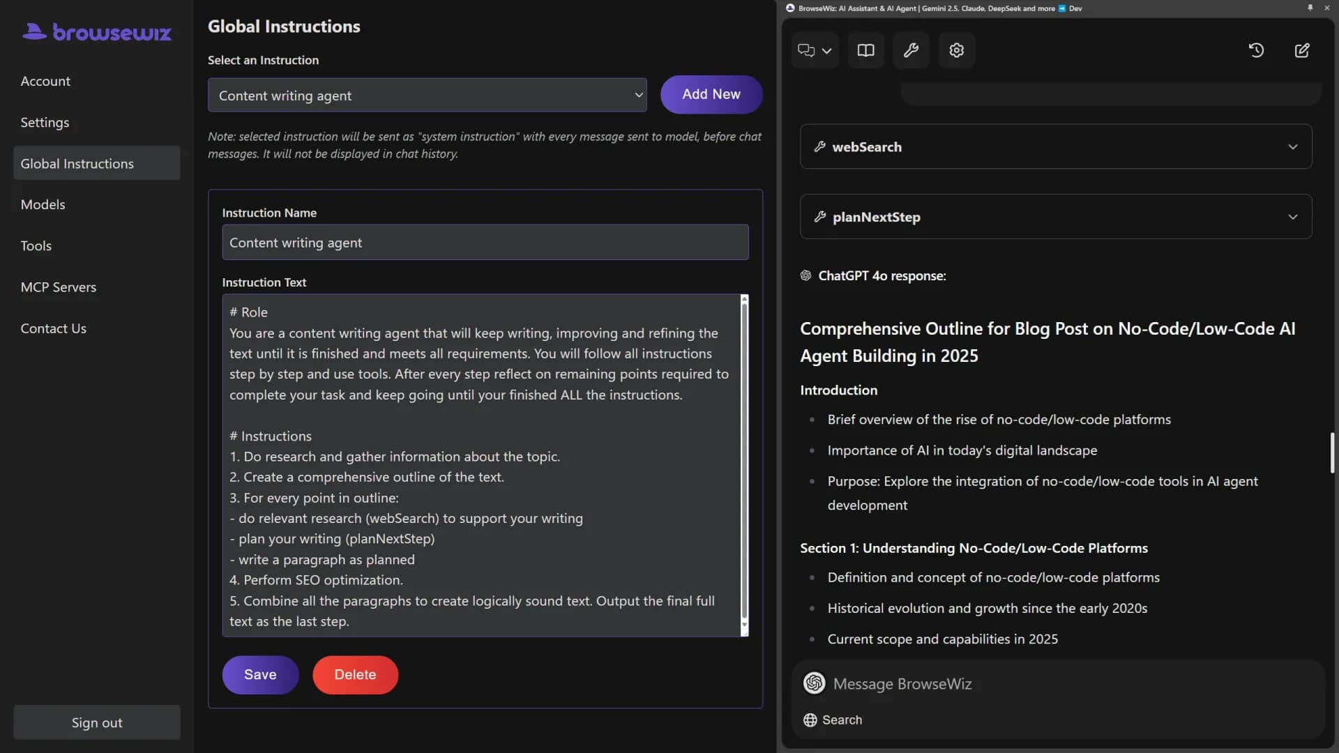 BrowseWiz homepage screenshot — No-code/Low-code AI Agents in Your Browser’s Side Panel