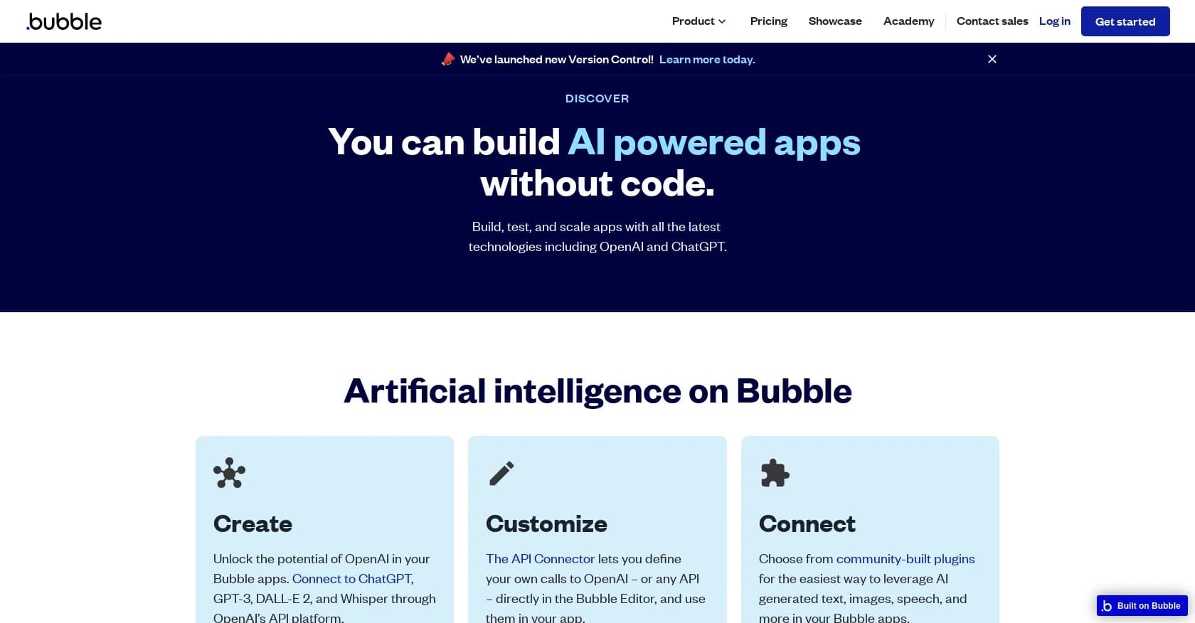 Bubble homepage screenshot — Build AI-powered apps without code