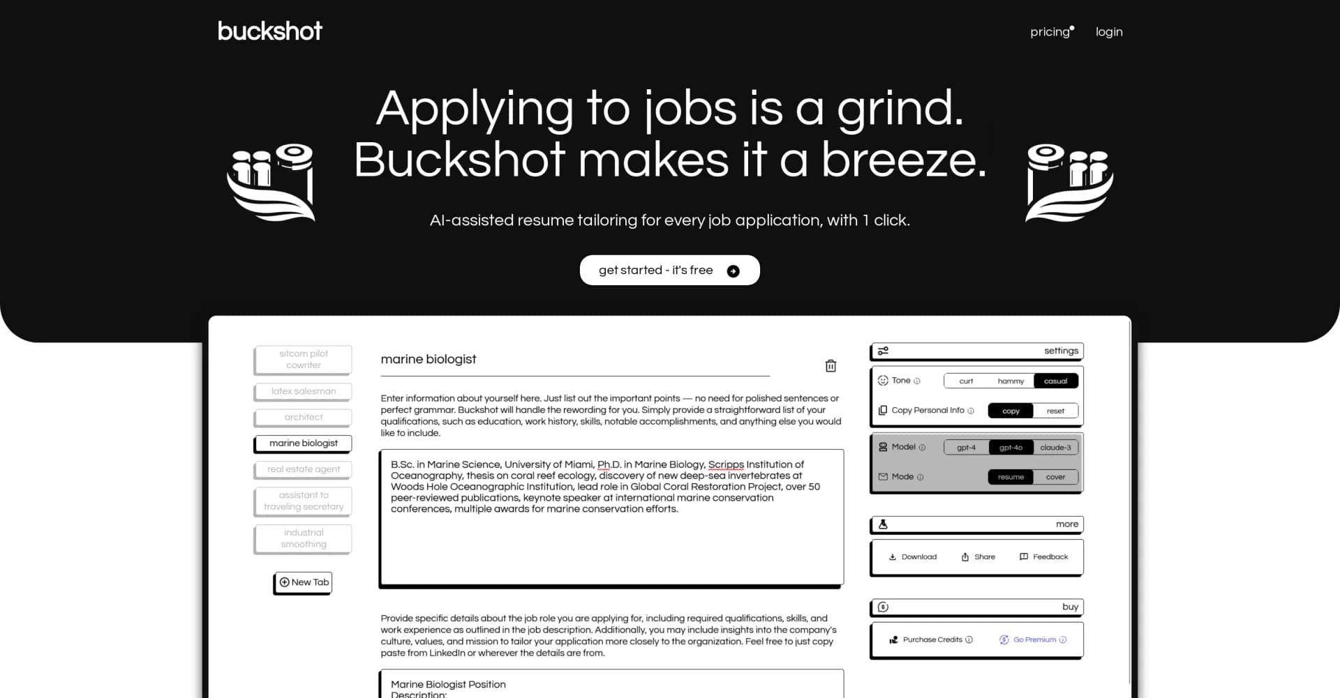 Buckshot homepage screenshot — Create a captivating tagline for your AI tool.
