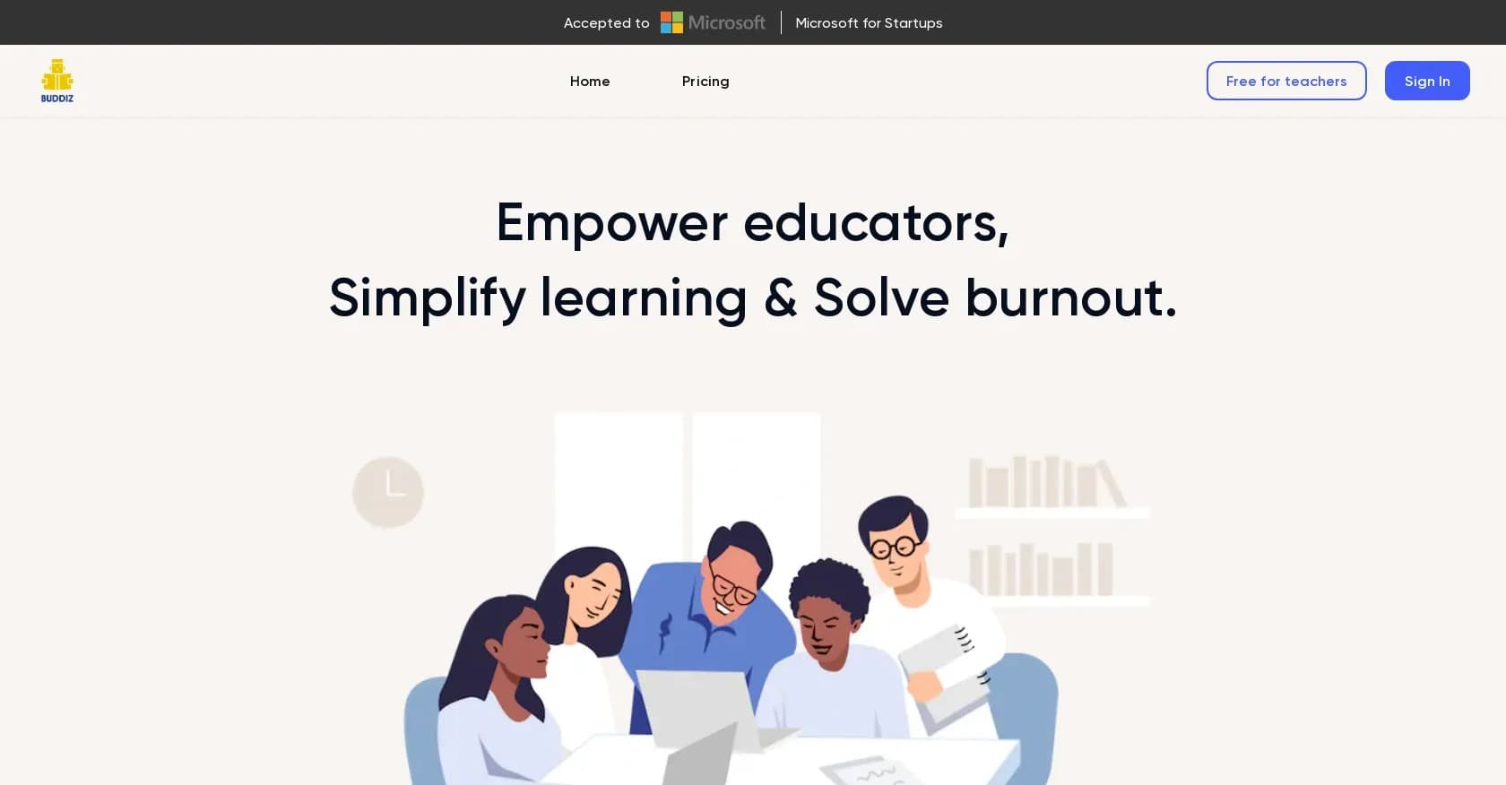 Buddiz homepage screenshot — Empower educators, simplify learning, solve burnout with AI.