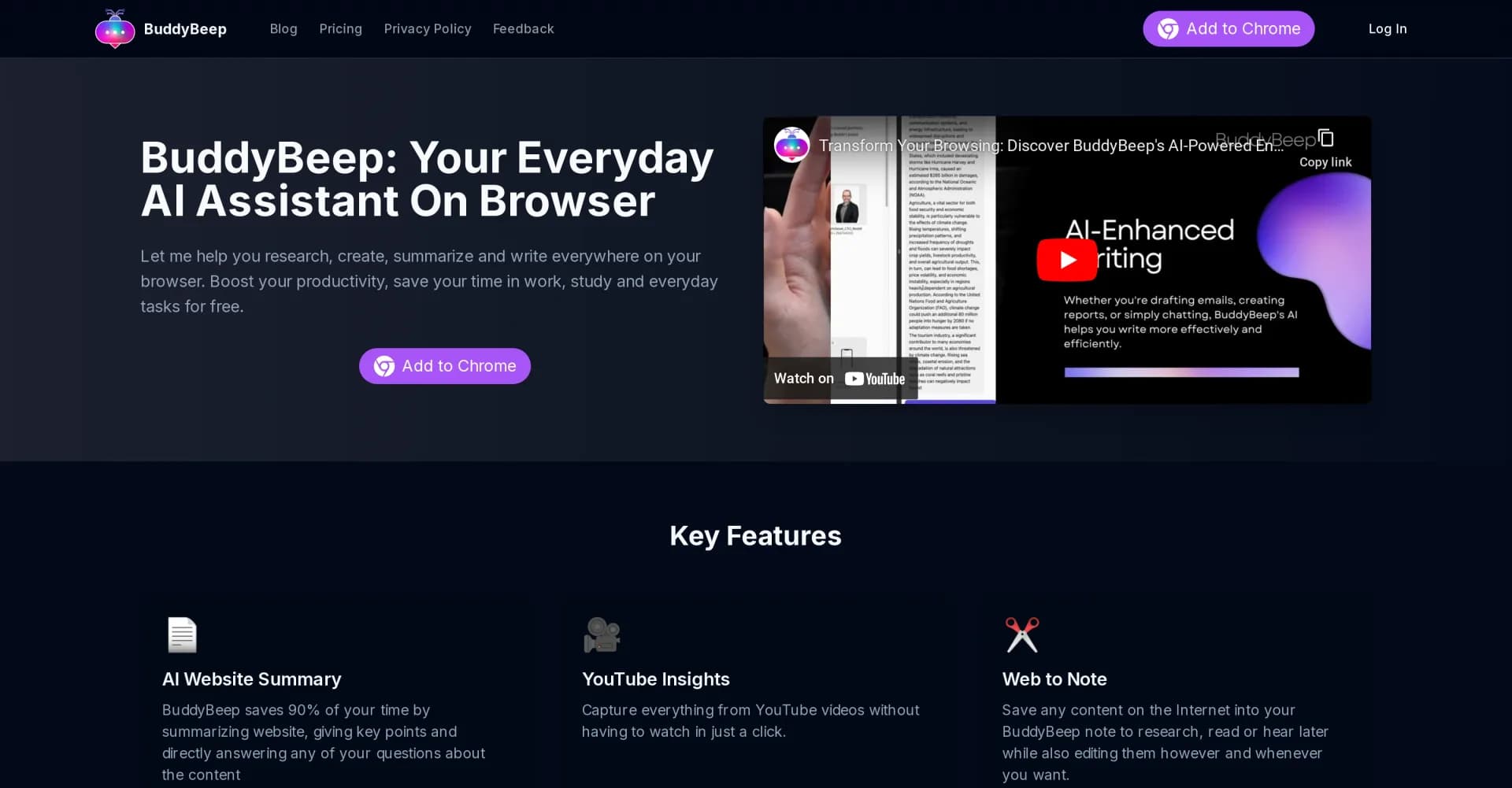 BuddyBeep homepage screenshot — Your everyday AI assistant for smarter browsing.