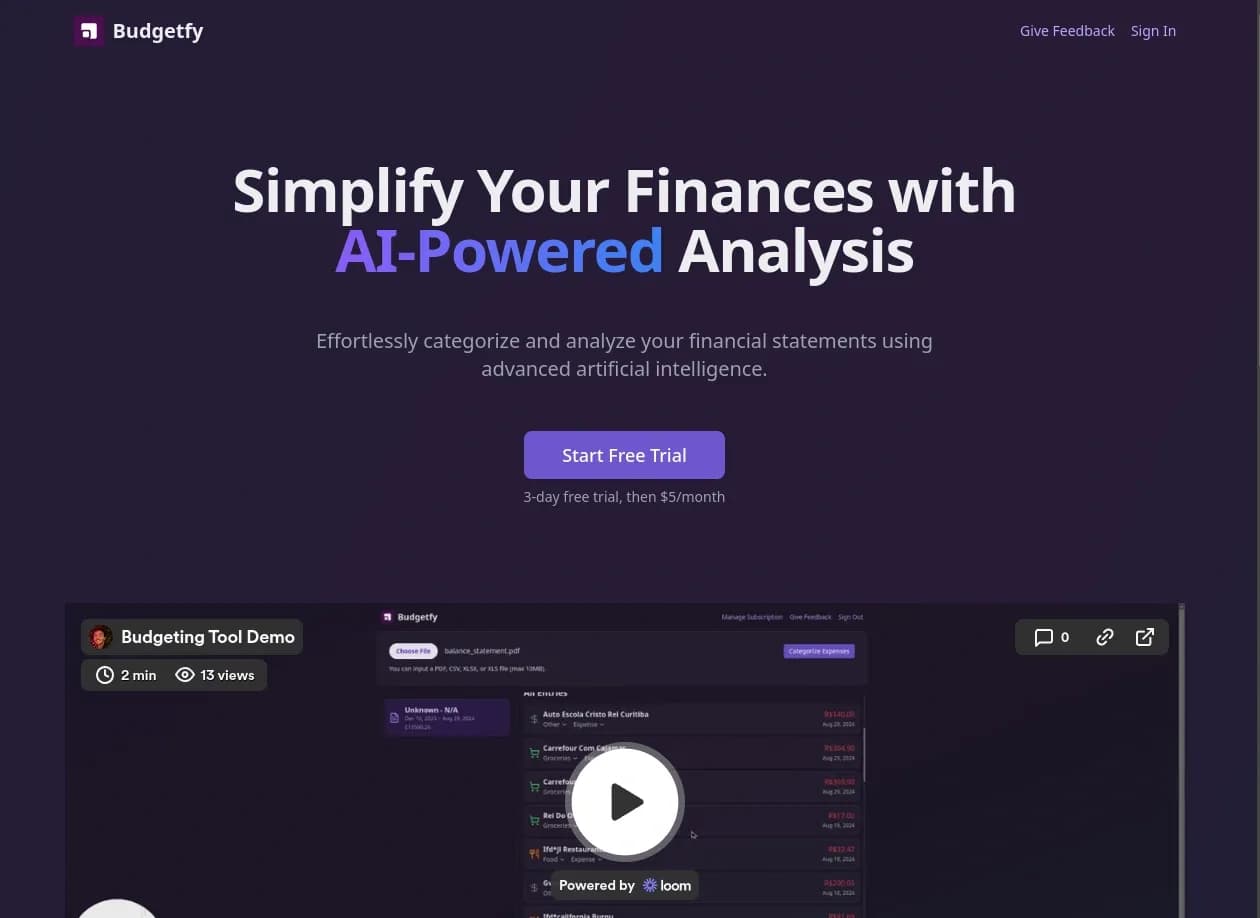 Budgetfy homepage screenshot — AI for Expense Tracking