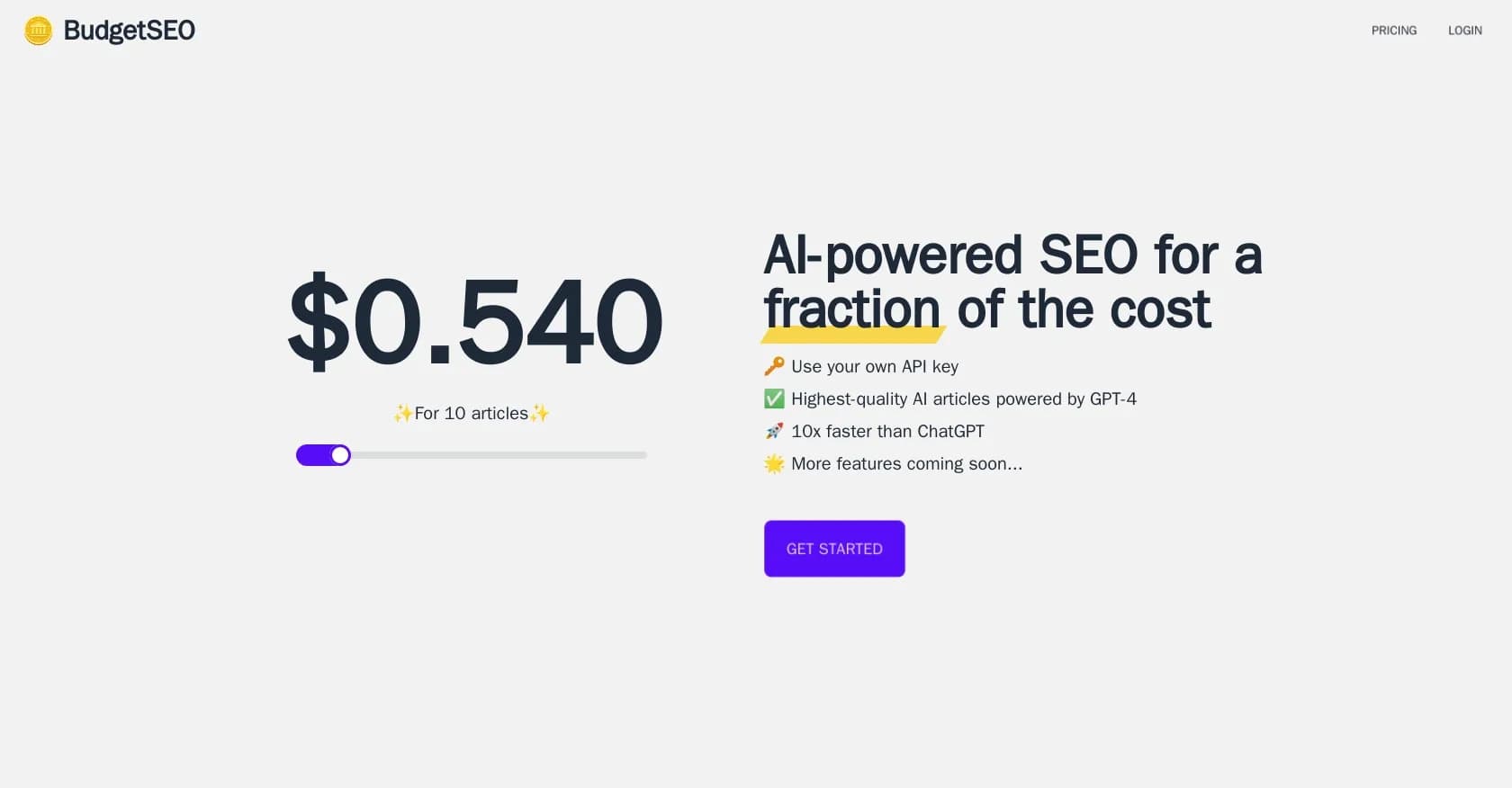 BudgetSEO homepage screenshot — AI-powered SEO at a fraction of the cost