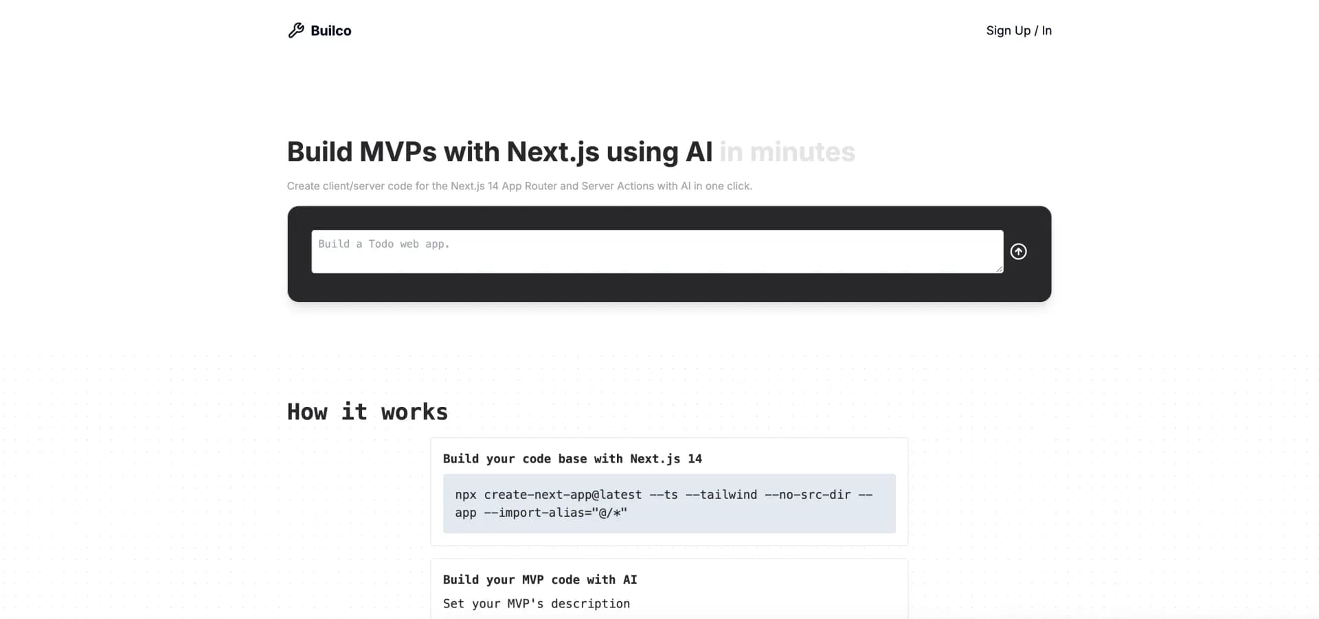 Builco homepage screenshot — Build Next.js web apps with AI in minutes