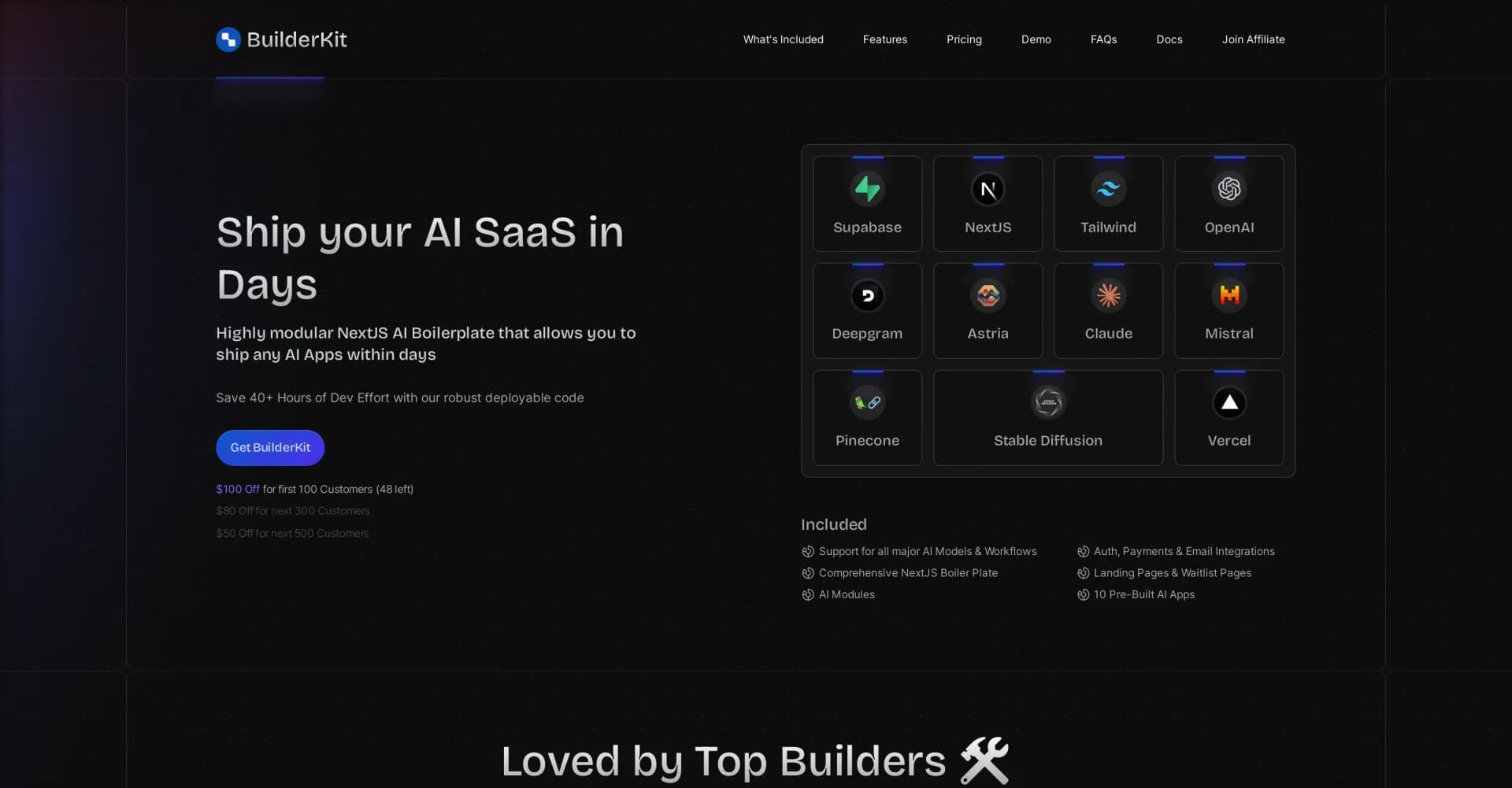 BuilderKit homepage screenshot — Ship your AI Startup in days