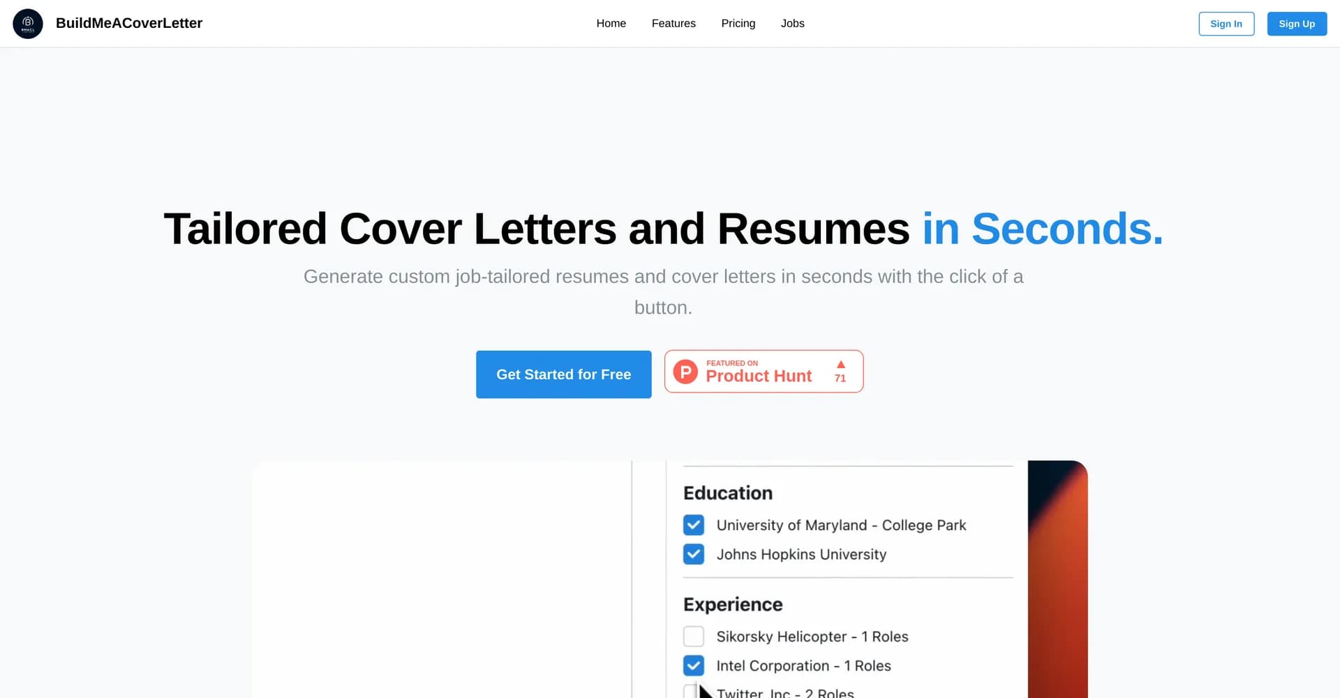BuildMeACoverLetter homepage screenshot — Craft standout cover letters and resumes in seconds.